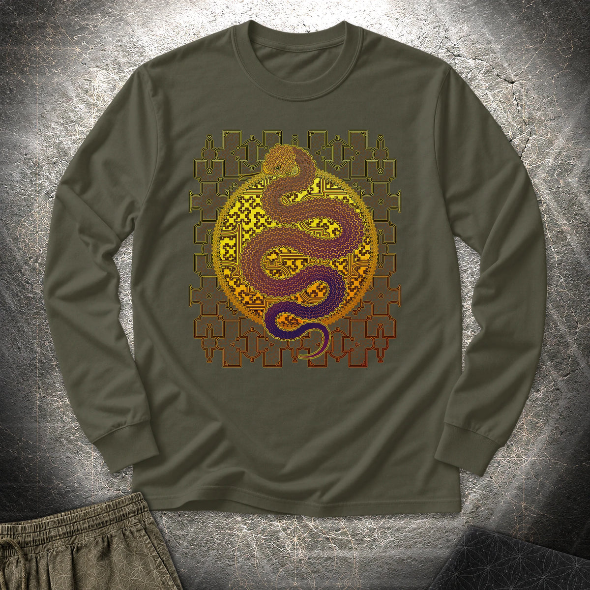 Shipibo Kene Cosmic Snake - Shipibo Kene Cosmic Snake Long Sleeve Shirt - Military Green
