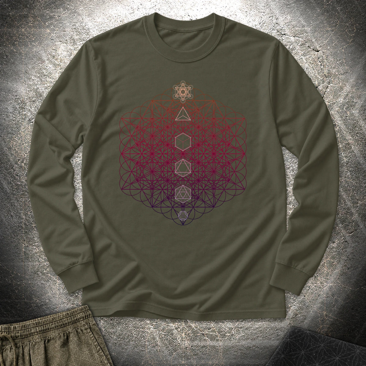 64 Tetrahedron Platonic Solids Metatron - 64 Tetrahedron Platonic Solids Metatron Long Sleeve Shirt - Military Green