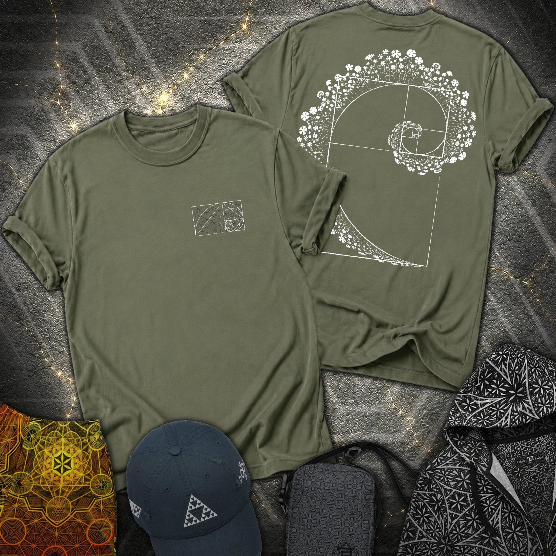 Floral Golden Ratio Spiral 2 Sided T-Shirt - Floral Golden Ratio Spiral 2 Sided T-Shirt - Military Green