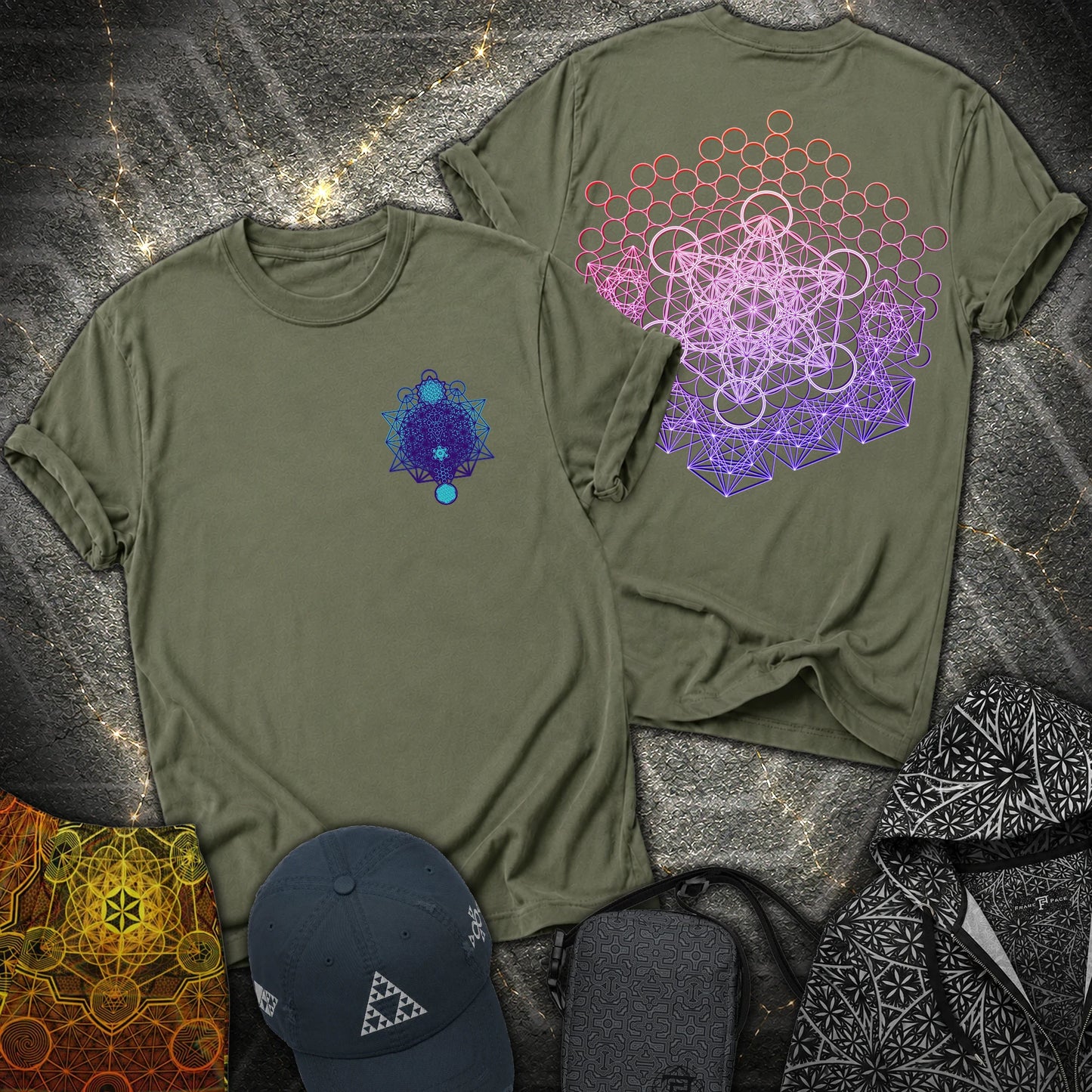 Metatron And Flower Connection Comfort 2 Sided T-Shirt - Metatron And Flower Connection 2 Sided T-Shirt - Military Green
