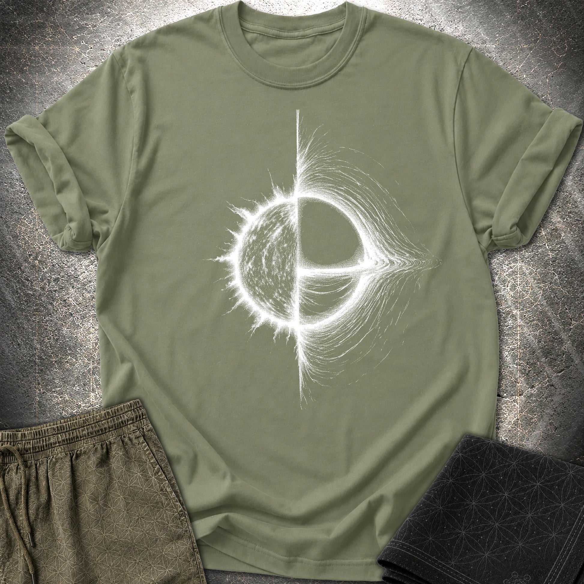 Cosmic Duality T-Shirt, Star and Black Hole Shirt, Space Symbol Graphic Tee - Cosmic Duality T-Shirt, Star and Black Hole Shirt, Space Symbol Graphic Tee - Military Green