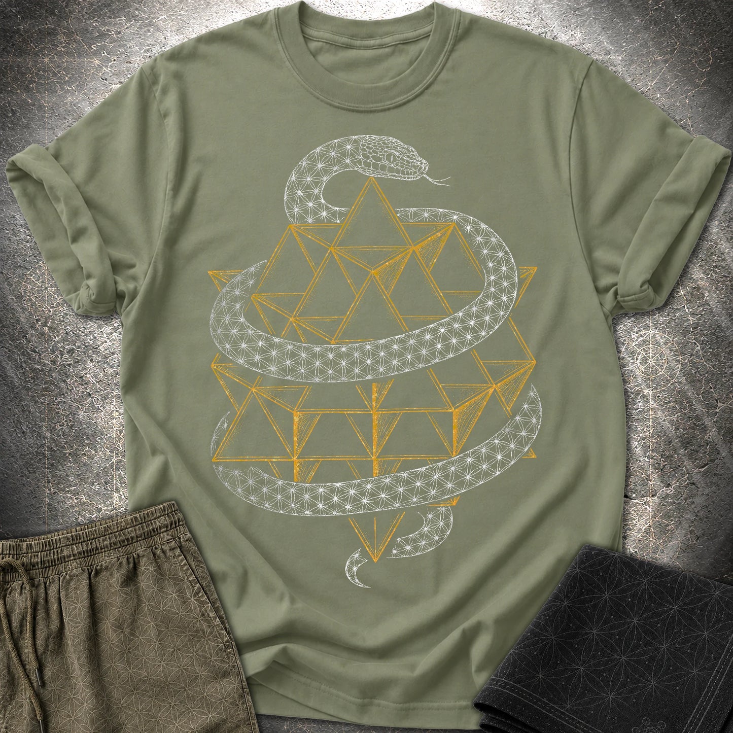 Serpent Tetrahedron Merkaba Geometry - Serpent Tetrahedron Merkaba Geometry T-Shirt - Military Green