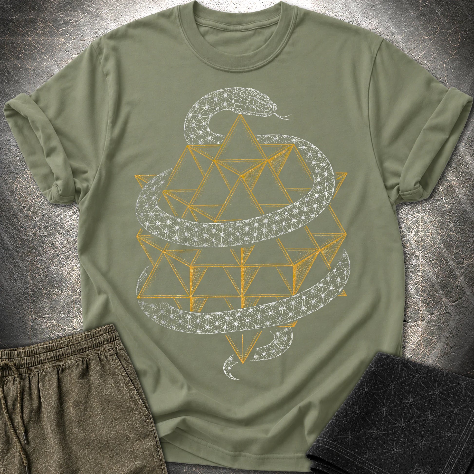 Serpent Tetrahedron Merkaba Geometry - Serpent Tetrahedron Merkaba Geometry T-Shirt - Military Green