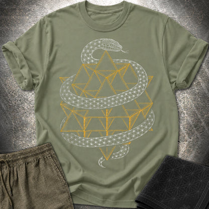 Serpent Tetrahedron Merkaba Geometry - Serpent Tetrahedron Merkaba Geometry T-Shirt - Military Green