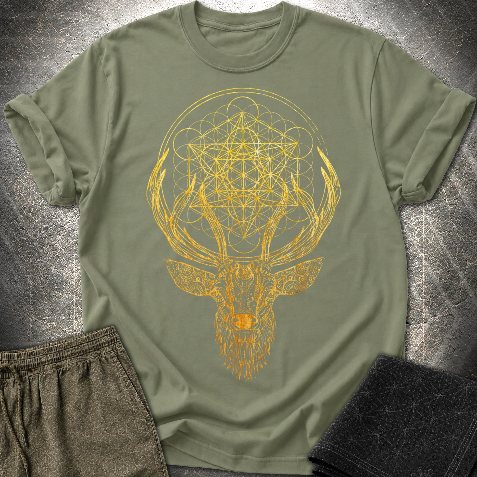 Metatron's Cube Deer T-Shirt - Metatron's Cube Deer T-Shirt - Military Green