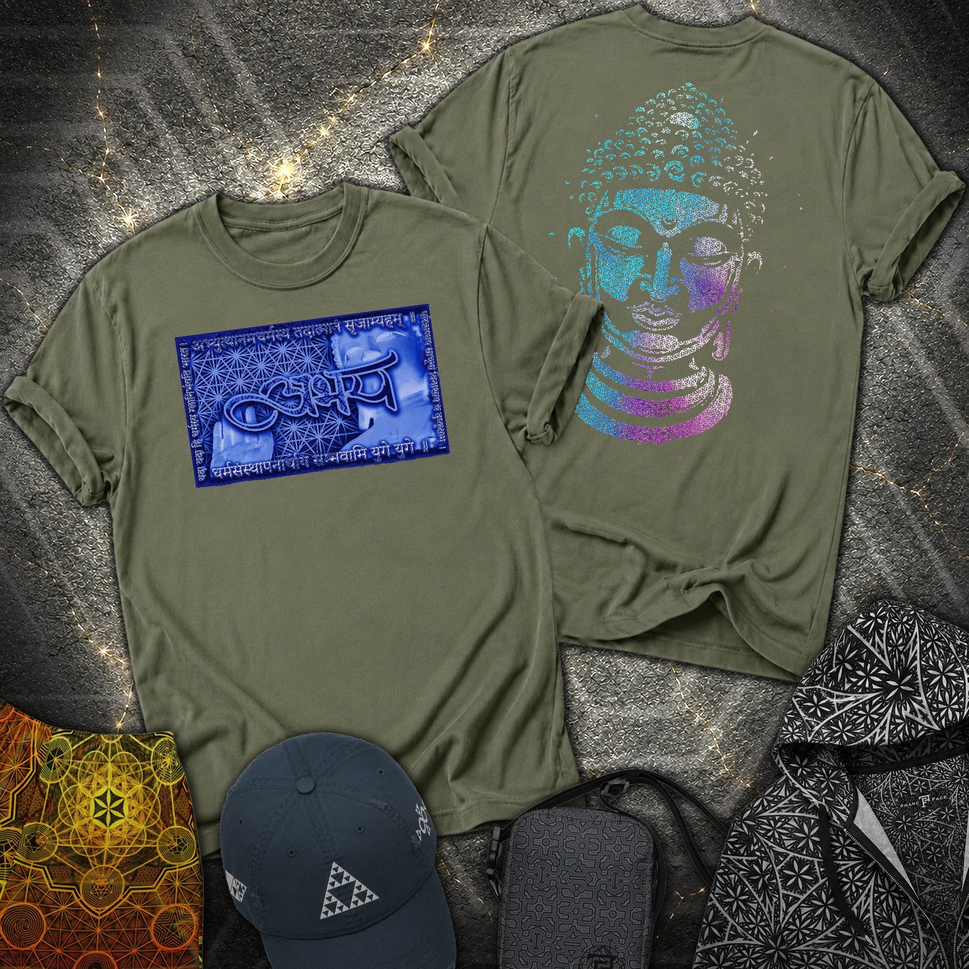 Fearless Buddha Sanskrit Flower Of Life 2 Sided T-Shirt - Fearless Buddha Sanskrit Flower Of Life 2 Sided T-Shirt - Military Green