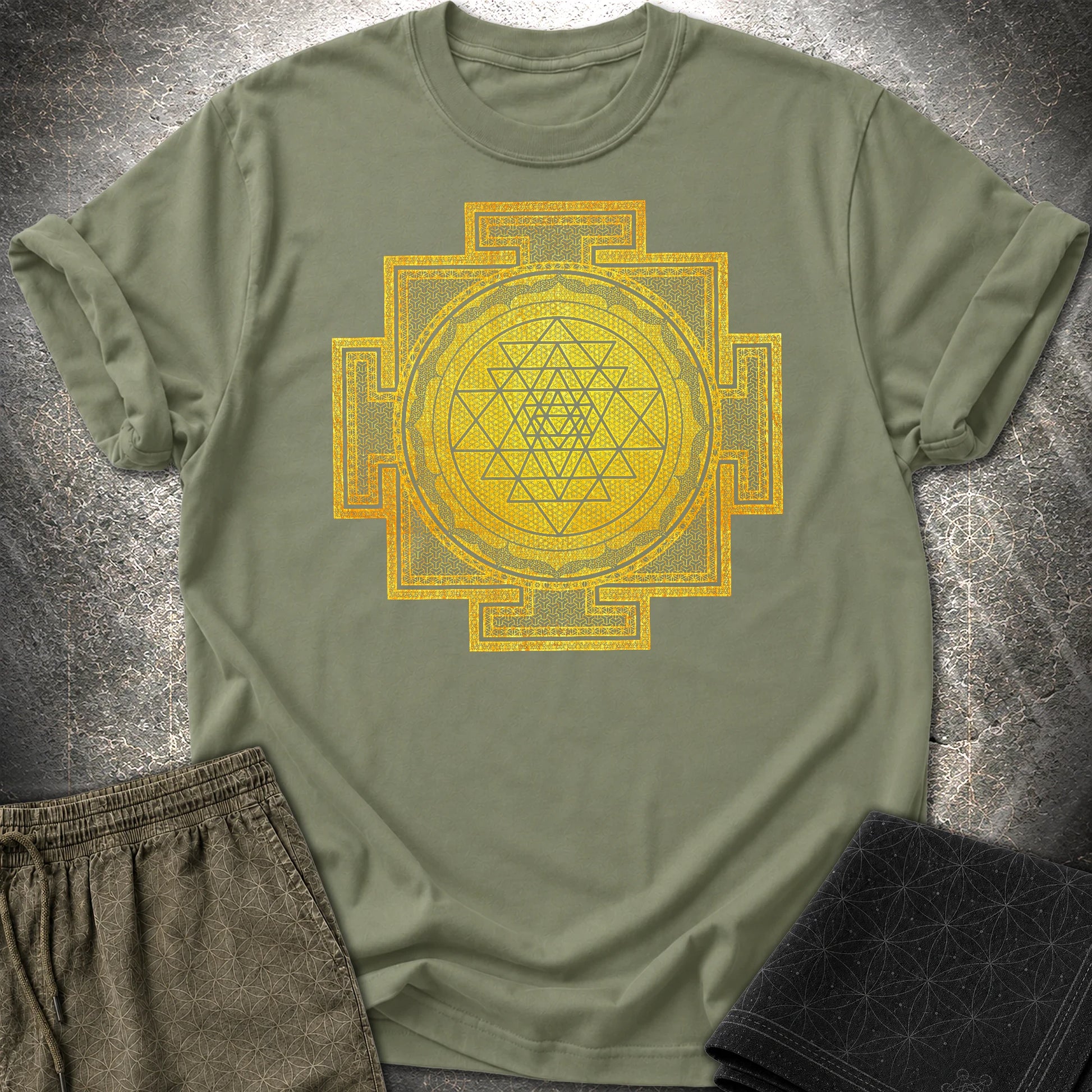 Sri Yantra Intricate Patterns T-Shirt - Sri Yantra Intricate Patterns T-Shirt - Military Green
