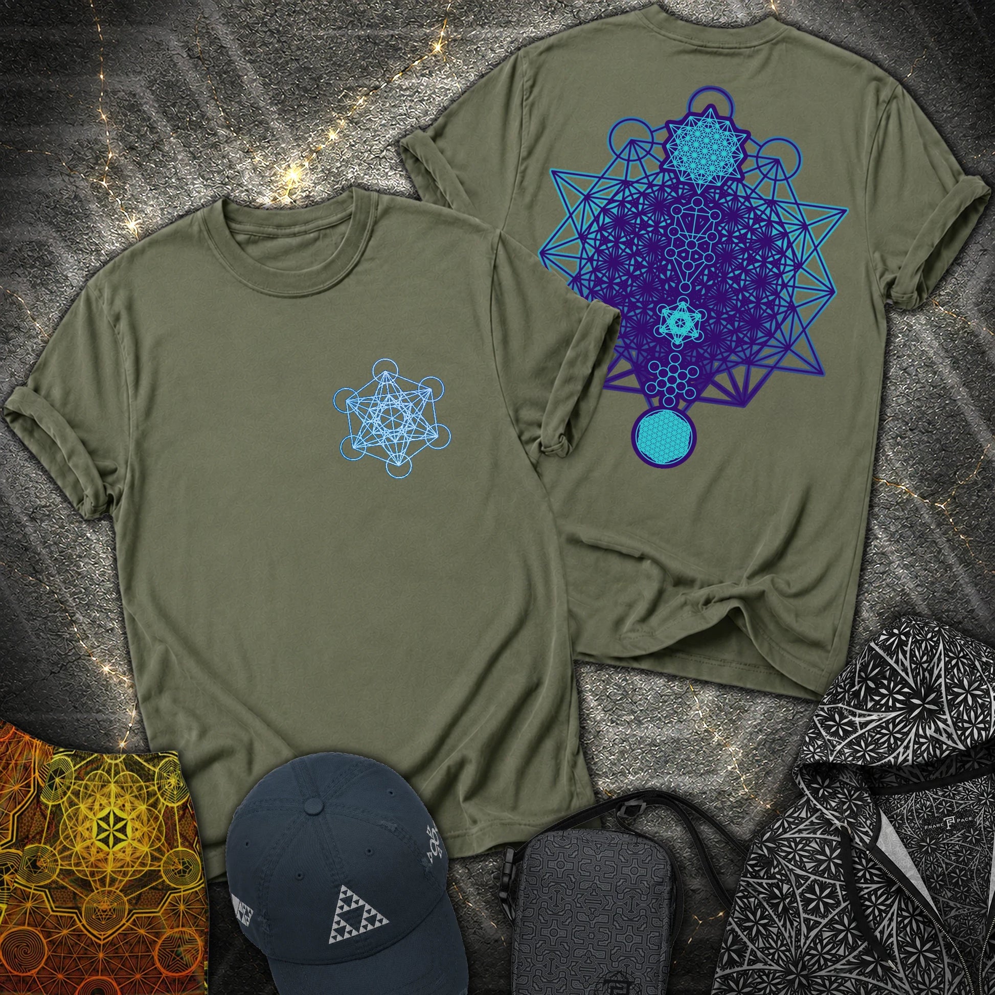 All The Sacred Geometry Metatron 2 Sided T-Shirt - All The Sacred Geometry Metatron 2 Sided T-Shirt - Military Green