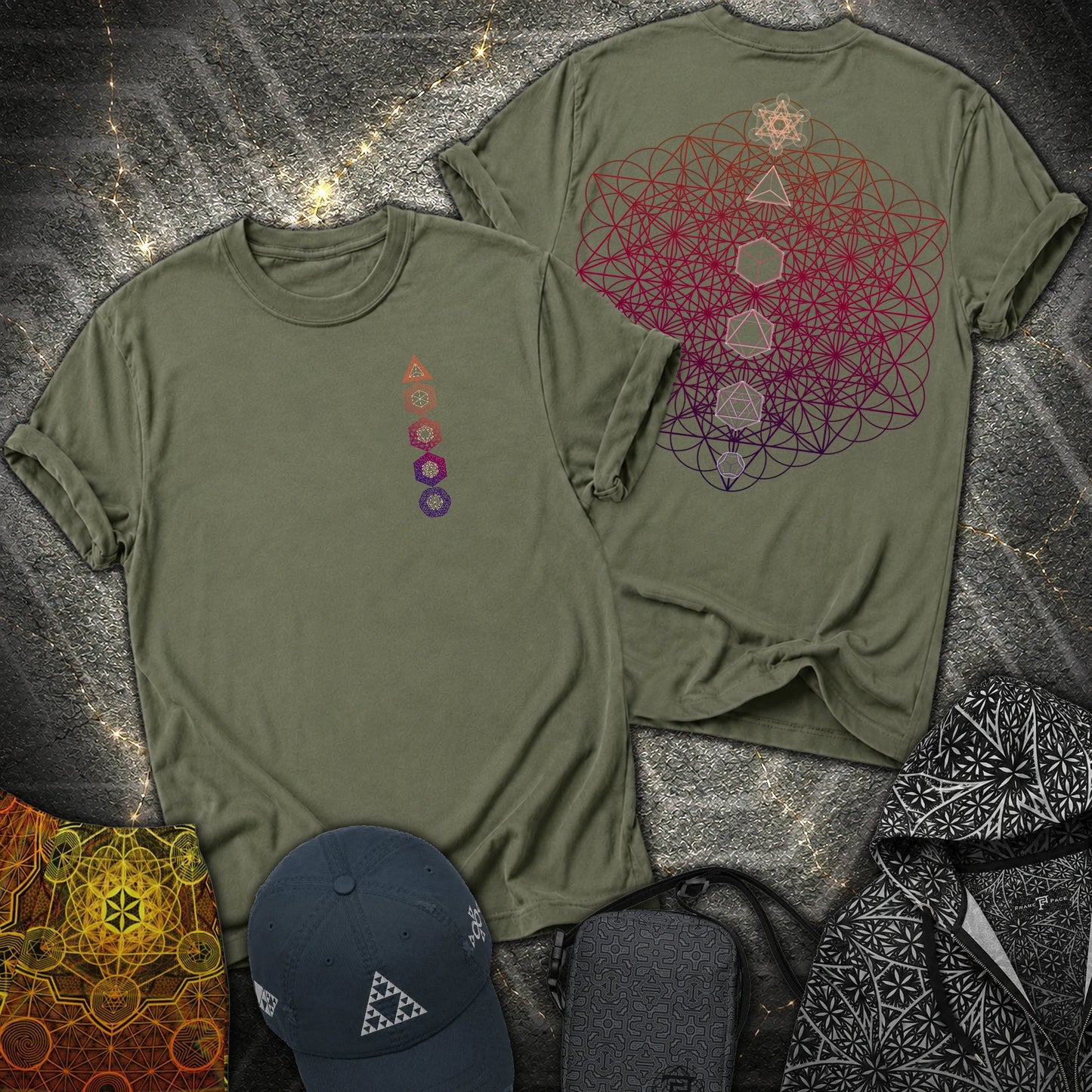 64 Tetrahedron Platonic Solids Metatron 2 Sided T-Shirt - 64 Tetrahedron Platonic Solids Metatron 2 Sided T-Shirt - Military Green