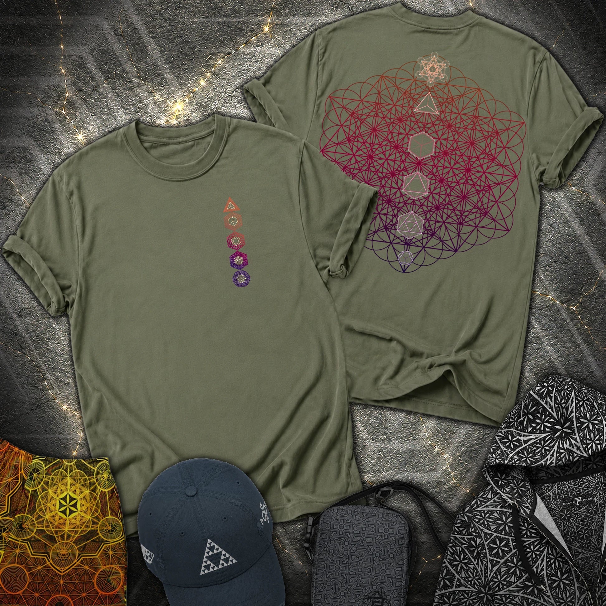 64 Tetrahedron Platonic Solids Metatron 2 Sided T-Shirt - 64 Tetrahedron Platonic Solids Metatron 2 Sided T-Shirt - Military Green