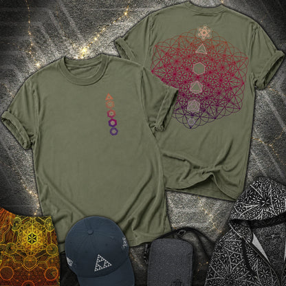 64 Tetrahedron Platonic Solids Metatron 2 Sided T-Shirt - 64 Tetrahedron Platonic Solids Metatron 2 Sided T-Shirt - Military Green
