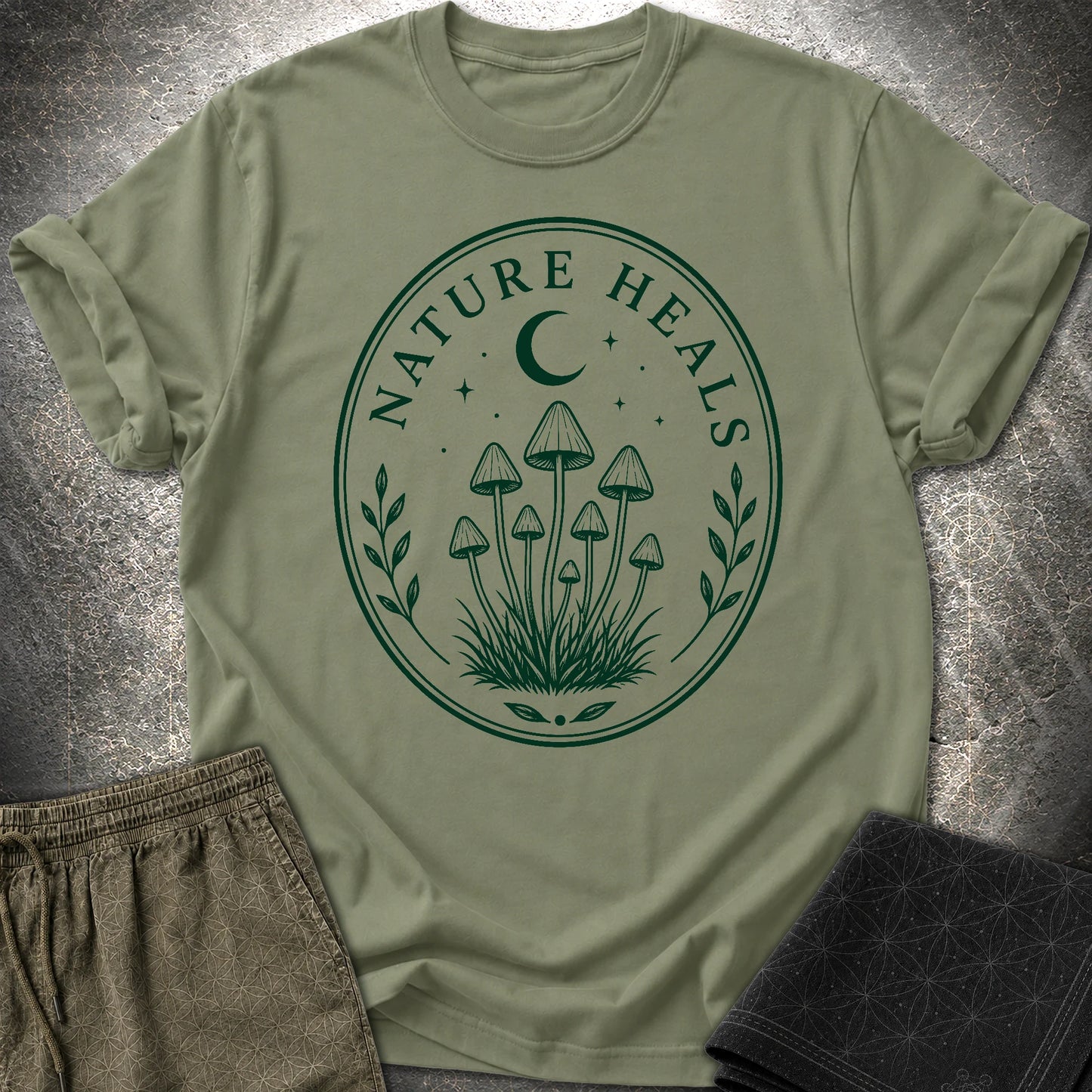 Nature Heals Mushroom T-Shirt - Nature Heals Mushroom T-Shirt - Military Green