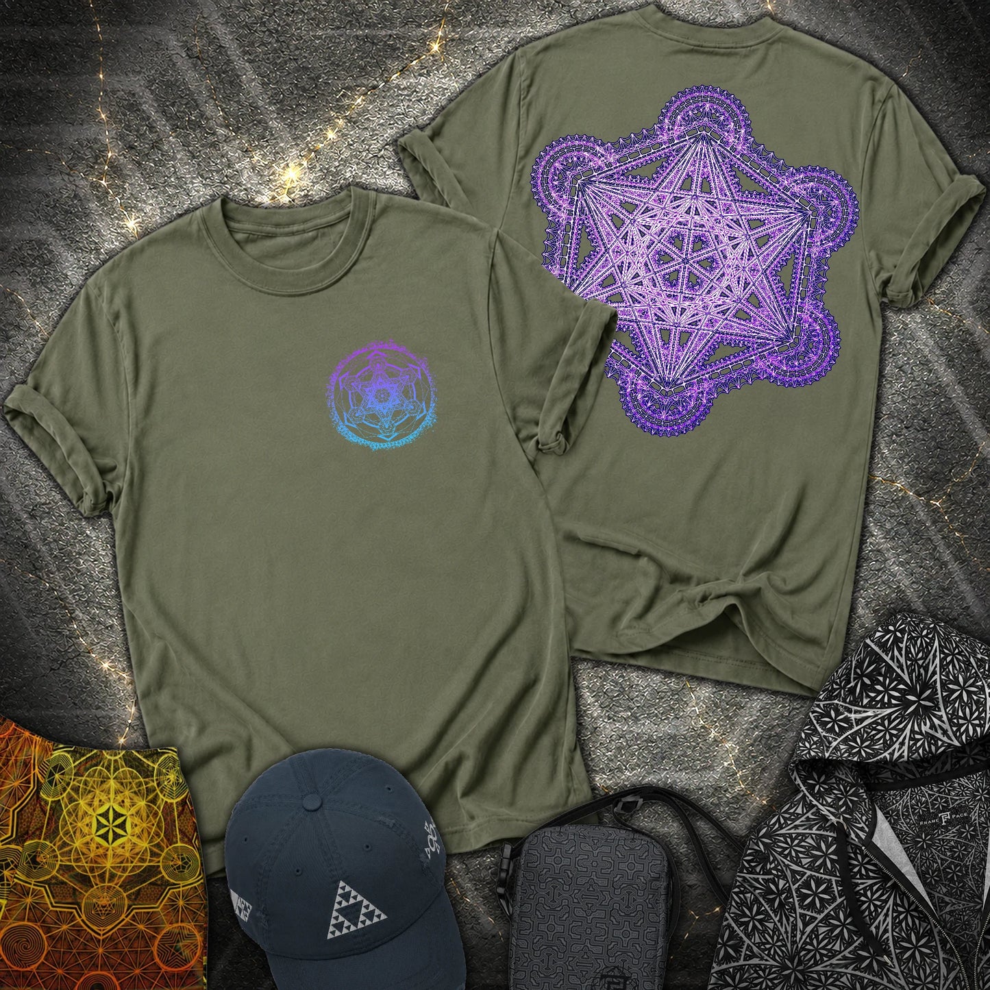 Intricate Metatron's Cube 2 Sided T-Shirt - Intricate Metatron's Cube 2 Sided T-Shirt - Military Green