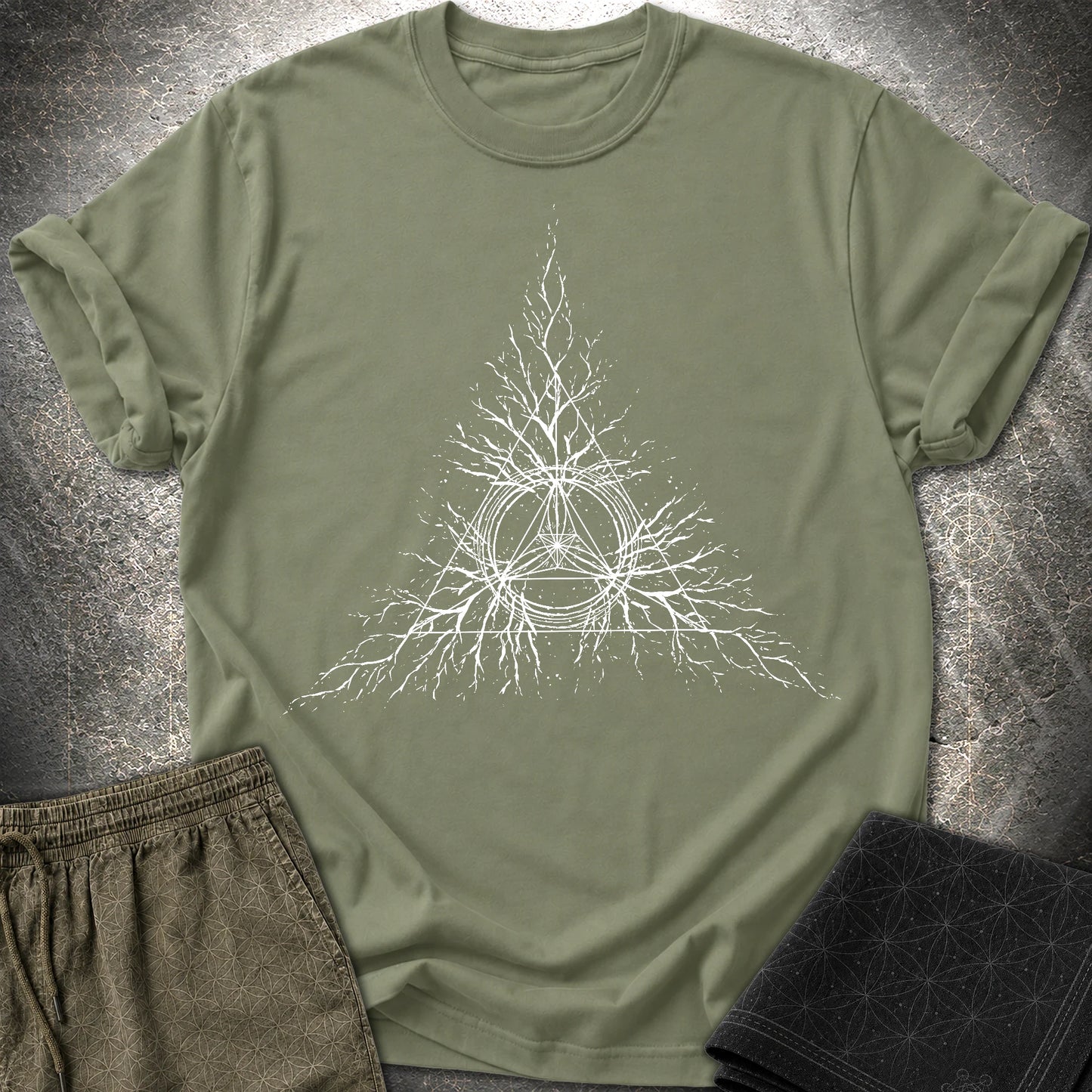 Sacred Geometry Roots T-Shirt, Spiritual Growth Shirt, Triangle Symbol Graphic Tee - Sacred Geometry Roots T-Shirt, Spiritual Growth Shirt, Triangle Symbol Graphic Tee - Military Green