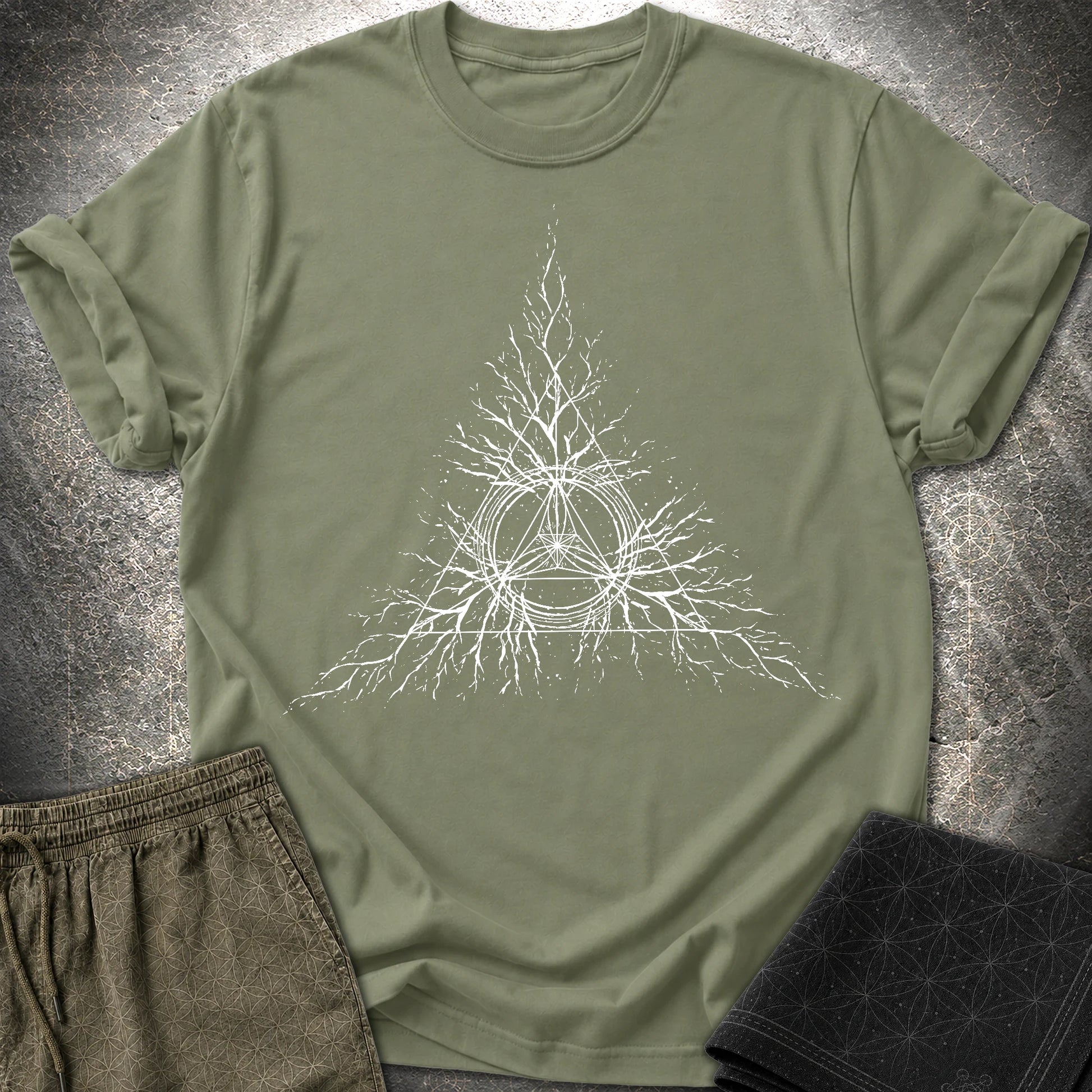 Sacred Geometry Roots T-Shirt, Spiritual Growth Shirt, Triangle Symbol Graphic Tee - Sacred Geometry Roots T-Shirt, Spiritual Growth Shirt, Triangle Symbol Graphic Tee - Military Green