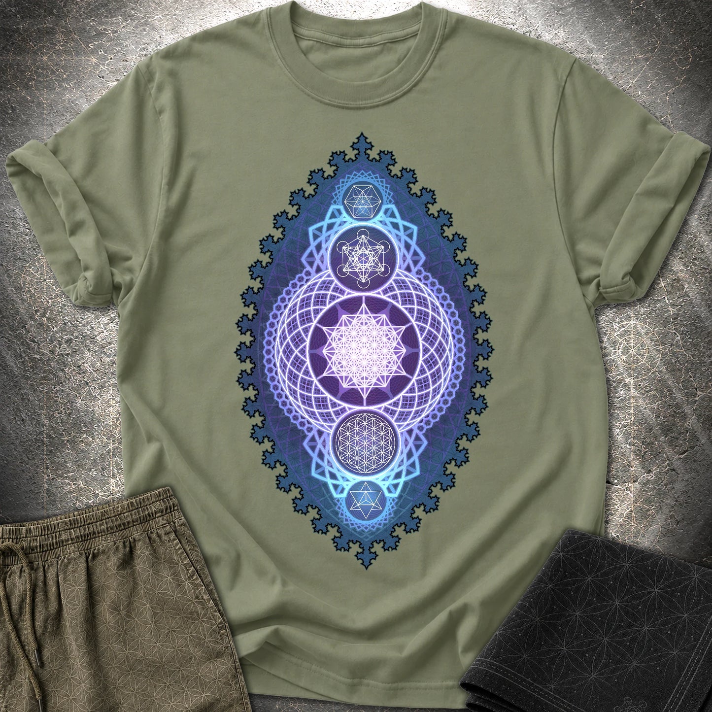 Blue Fractal Sacred Geometry Fusion T-Shirt - Blue Fractal Sacred Geometry Fusion T-Shirt - Military Green