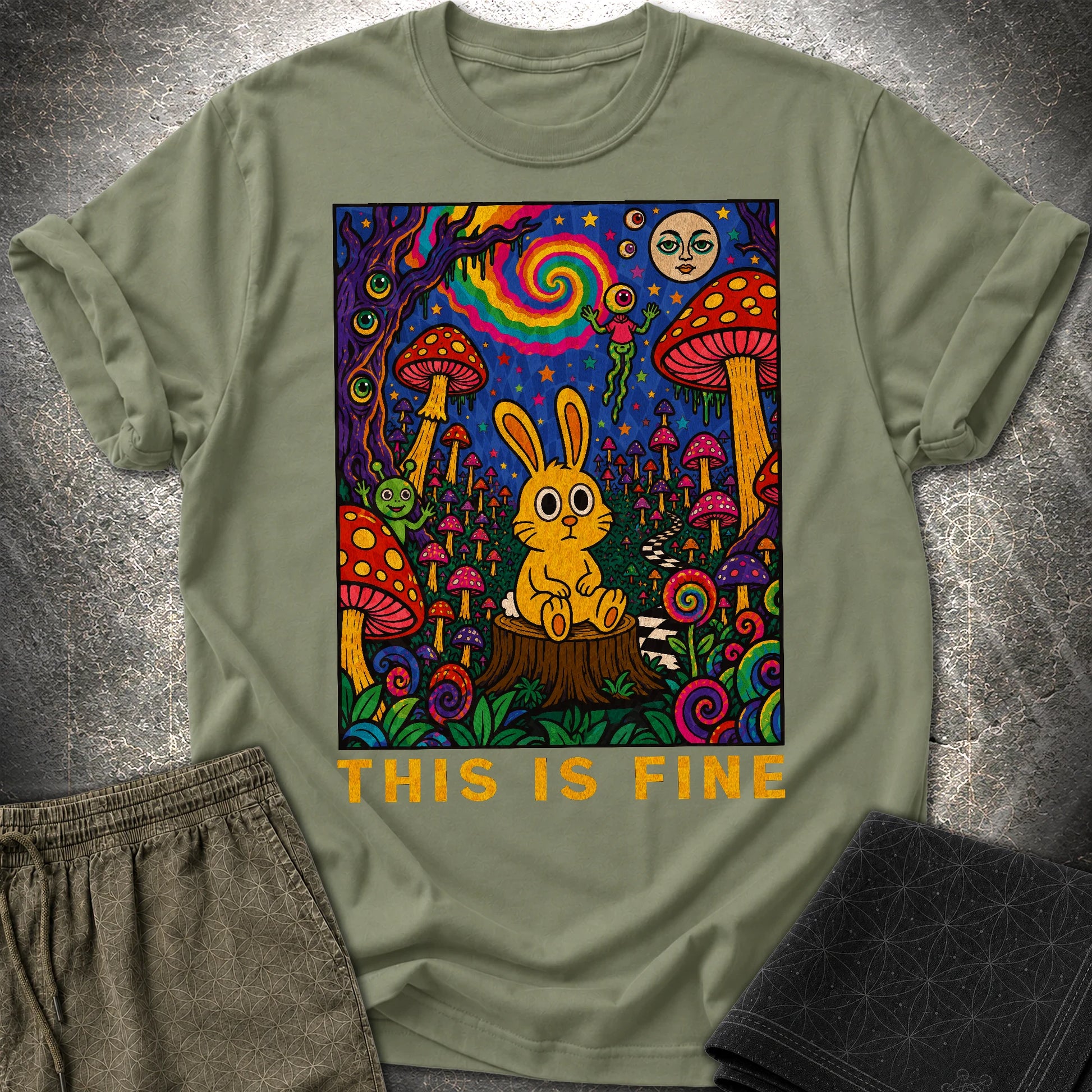 This Is Fine Rabbit T-Shirt - This Is Fine Rabbit T-Shirt - Military Green
