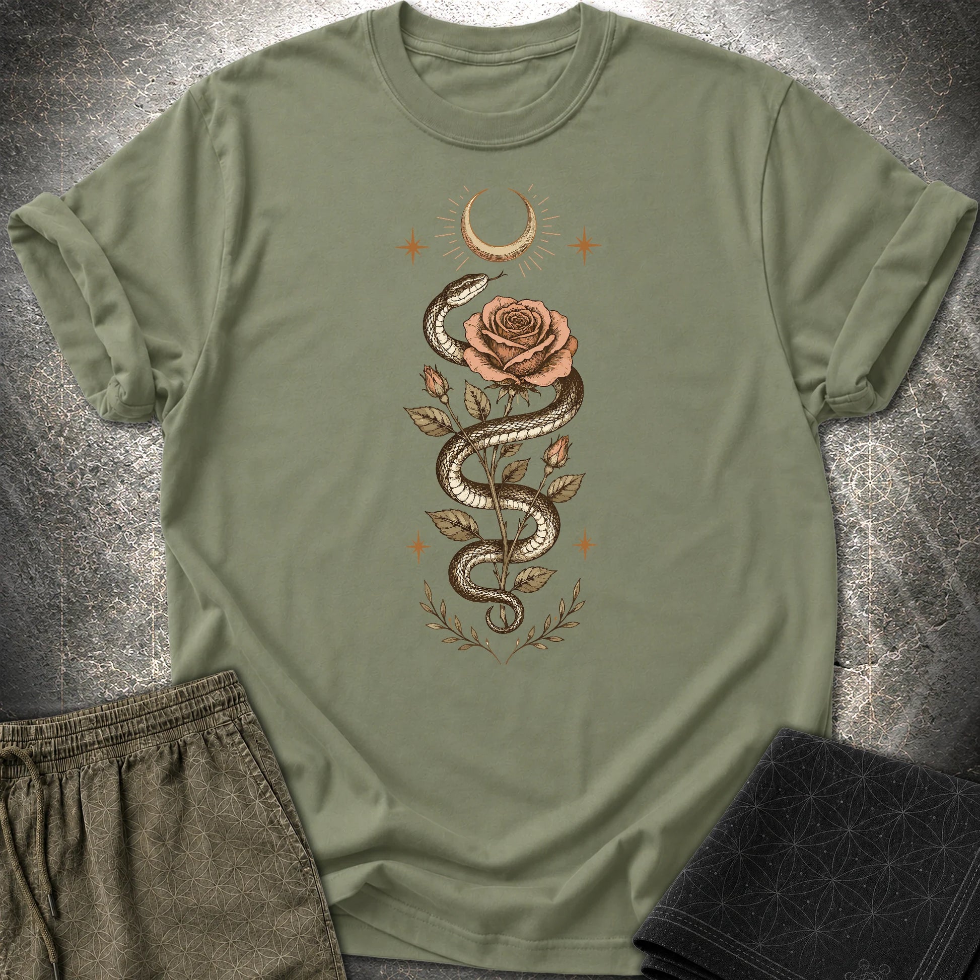 Snake Rose Moon - Snake Rose Moon T-Shirt - Military Green