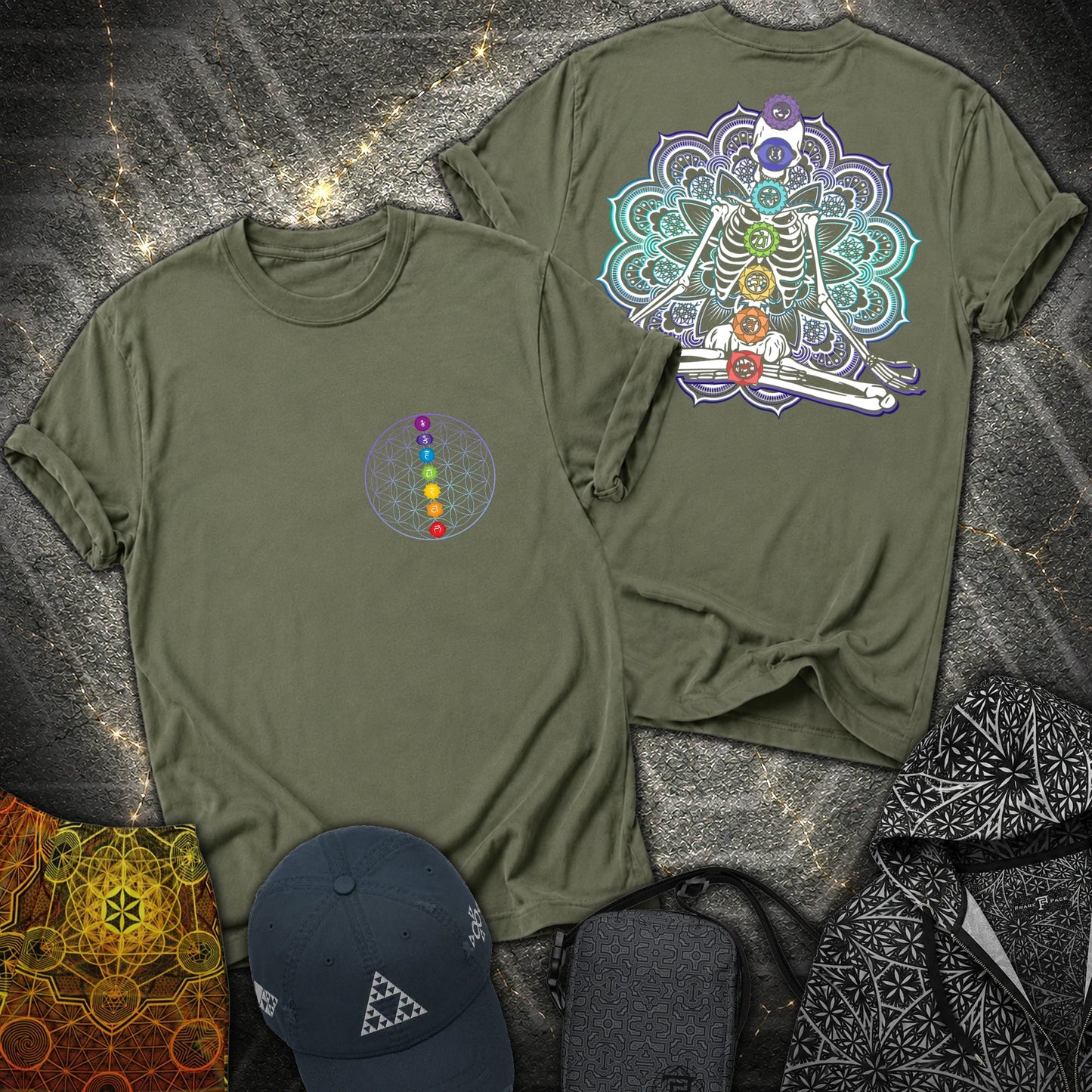 We Are One Meditating Skeleton 2 Sided T-Shirt - We Are One Meditating Skeleton 2 Sided T-Shirt - Military Green