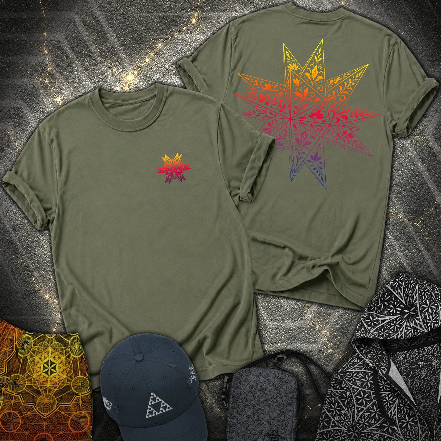 Colorful Stellated Dodecahedron 2 Sided T-Shirt - Colorful Stellated Dodecahedron 2 Sided T-Shirt - Military Green