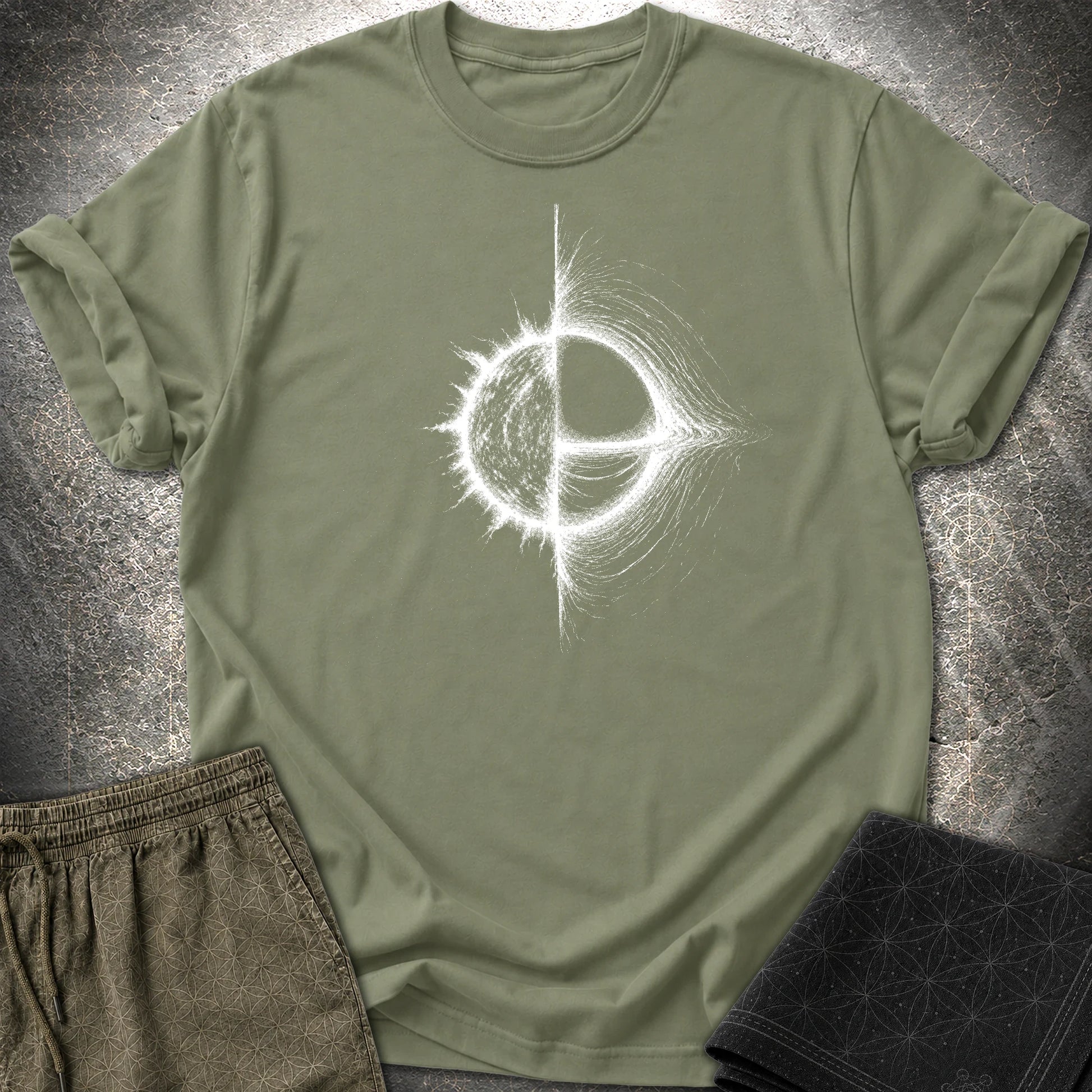 Cosmic Duality T-Shirt, Star and Black Hole Shirt, Space Symbol Graphic Tee - Cosmic Duality T-Shirt, Star and Black Hole Shirt, Space Symbol Graphic Tee - Military Green