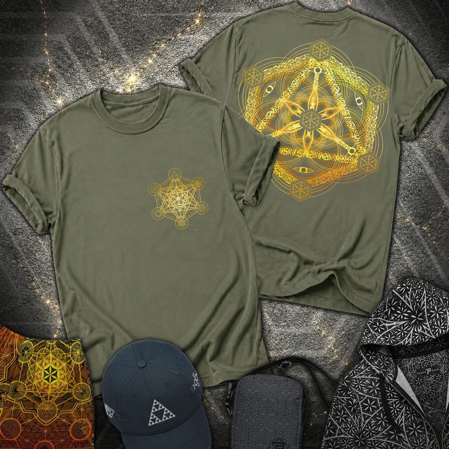Interdimensional Tesseract Metatron 2 Sided T-Shirt - Interdimensional Tesseract Metatron 2 Sided T-Shirt - Military Green