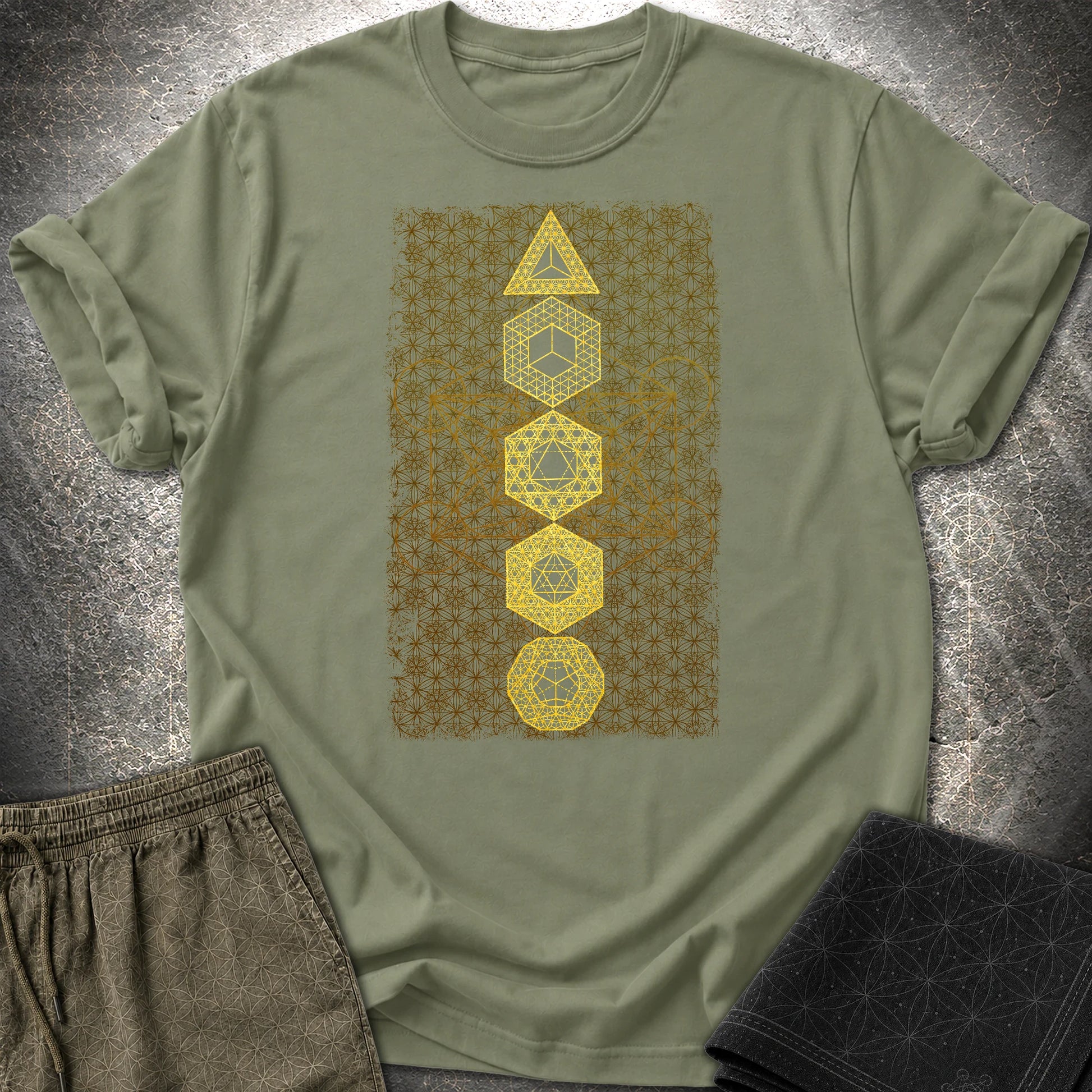 Platonic Solids Metatron's Background T-Shirt - Platonic Solids Metatron's Background T-Shirt - Military Green