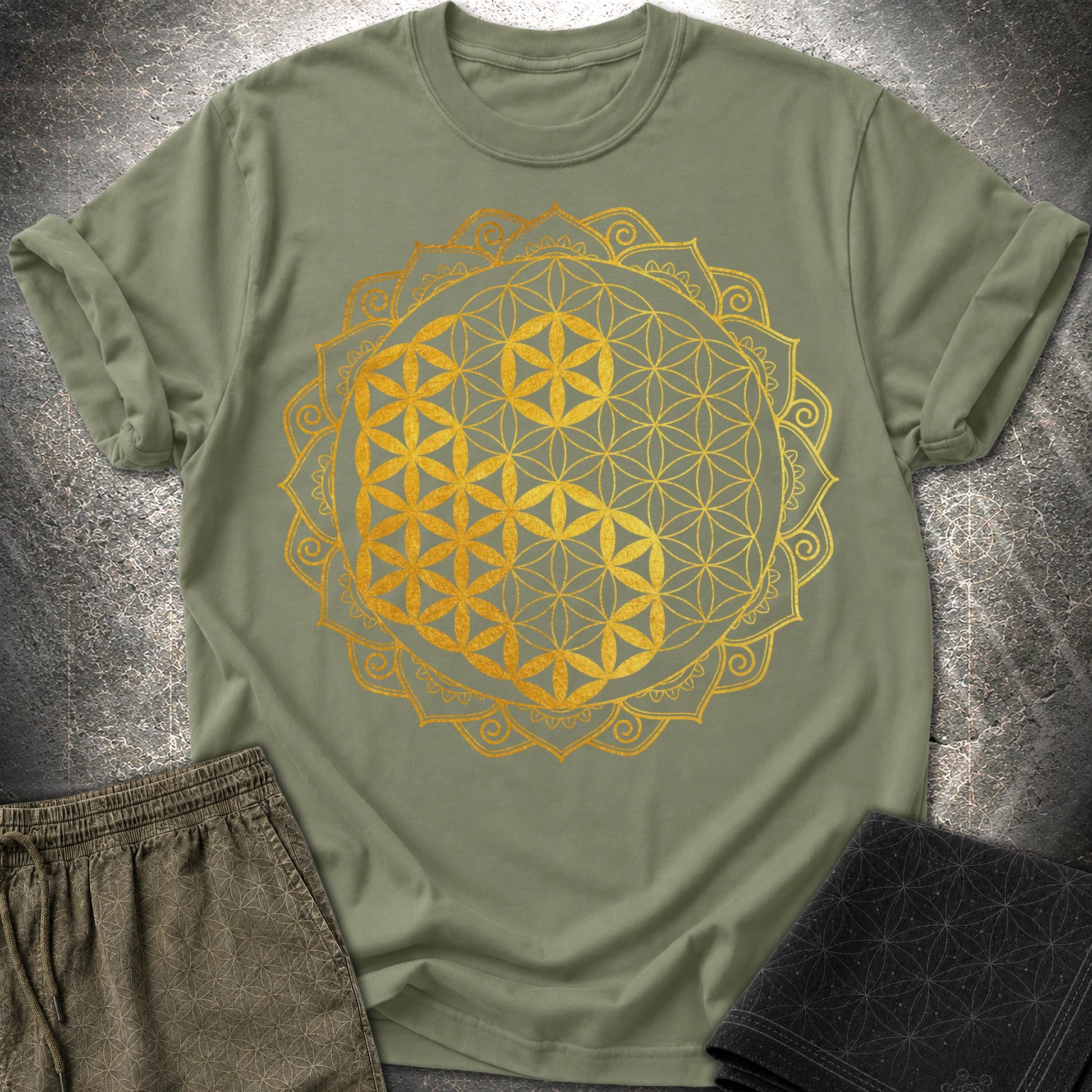 Yin Yang Gold Mandala - Yin Yang Gold Mandala T-Shirt - Military Green