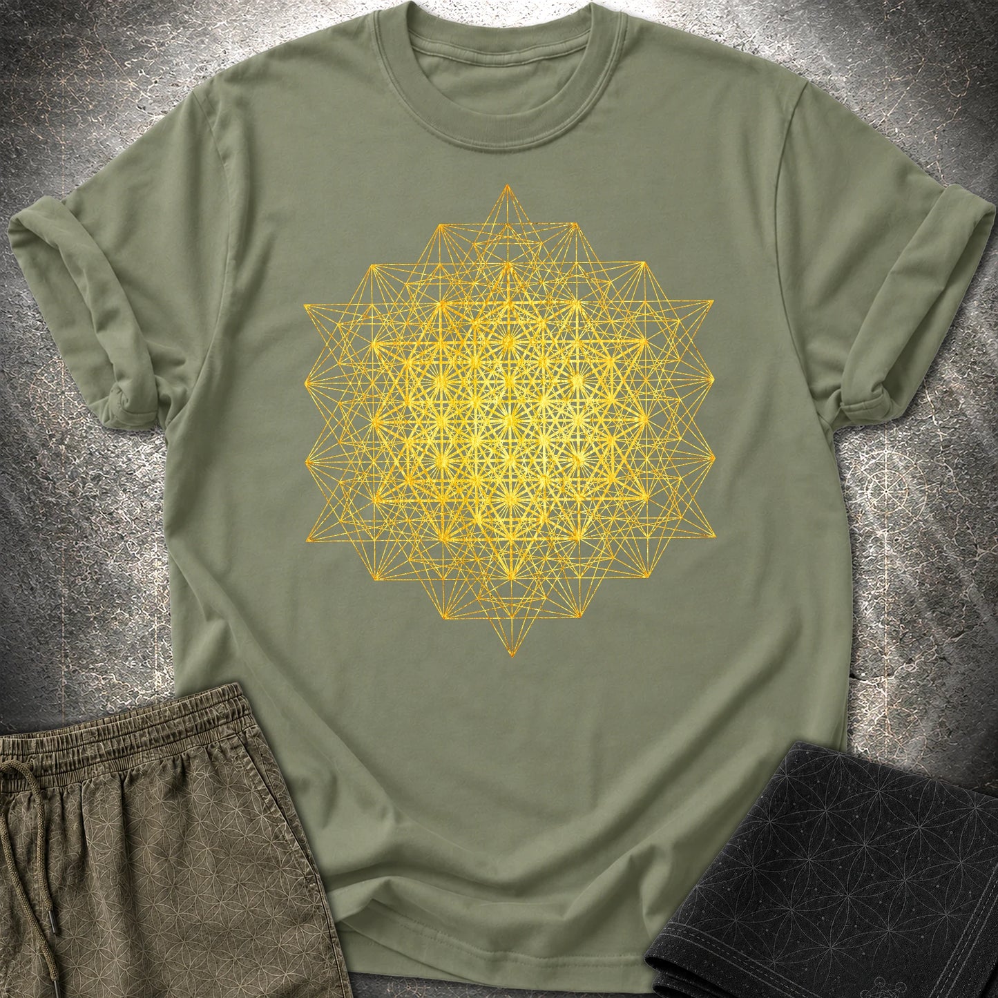 64 Tetrahedron Metatron Grid T-Shirt - 64 Tetrahedron Metatron Grid T-Shirt - Military Green