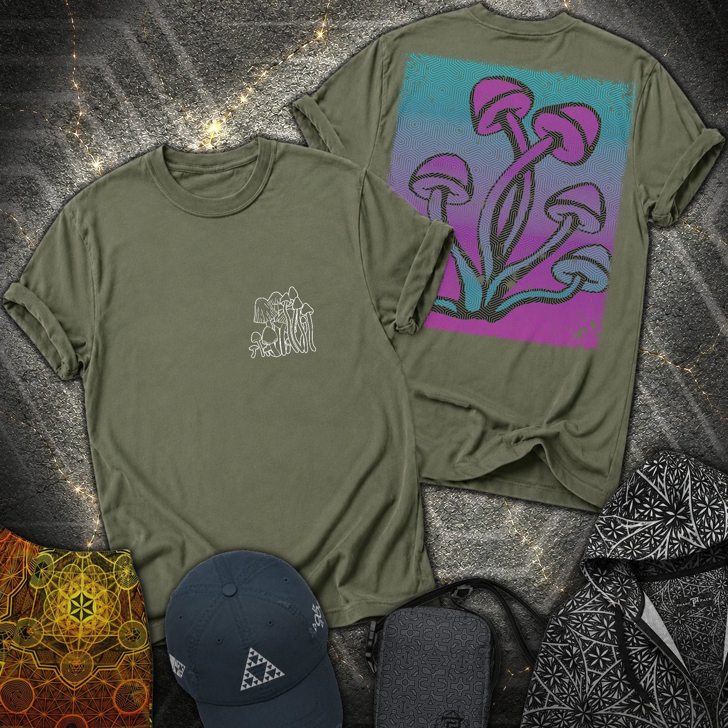 Mushroom Pattern 2 Sided T-Shirt - Mushroom Pattern 2 Sided T-Shirt - Military Green