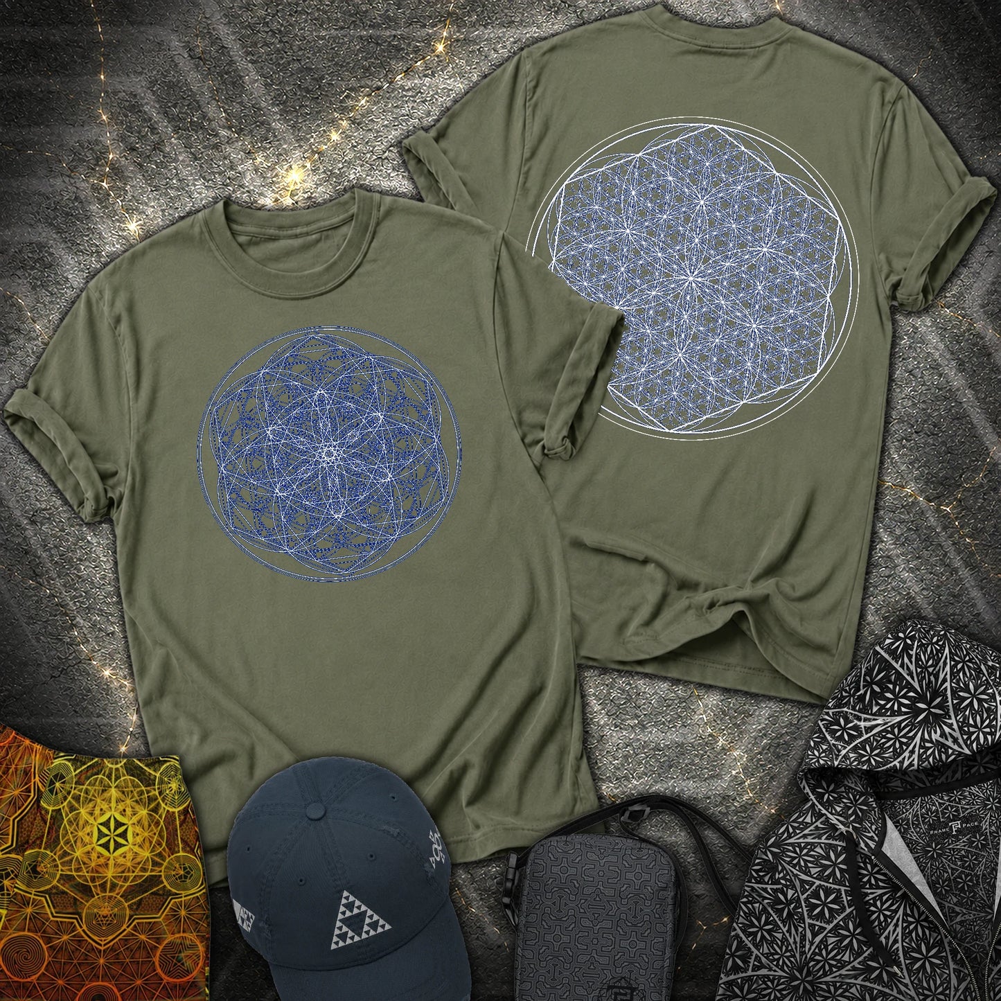 Sacred Flower Grids 2 Sided T-Shirt - Sacred Flower Grids 2 Sided T-Shirt - Military Green