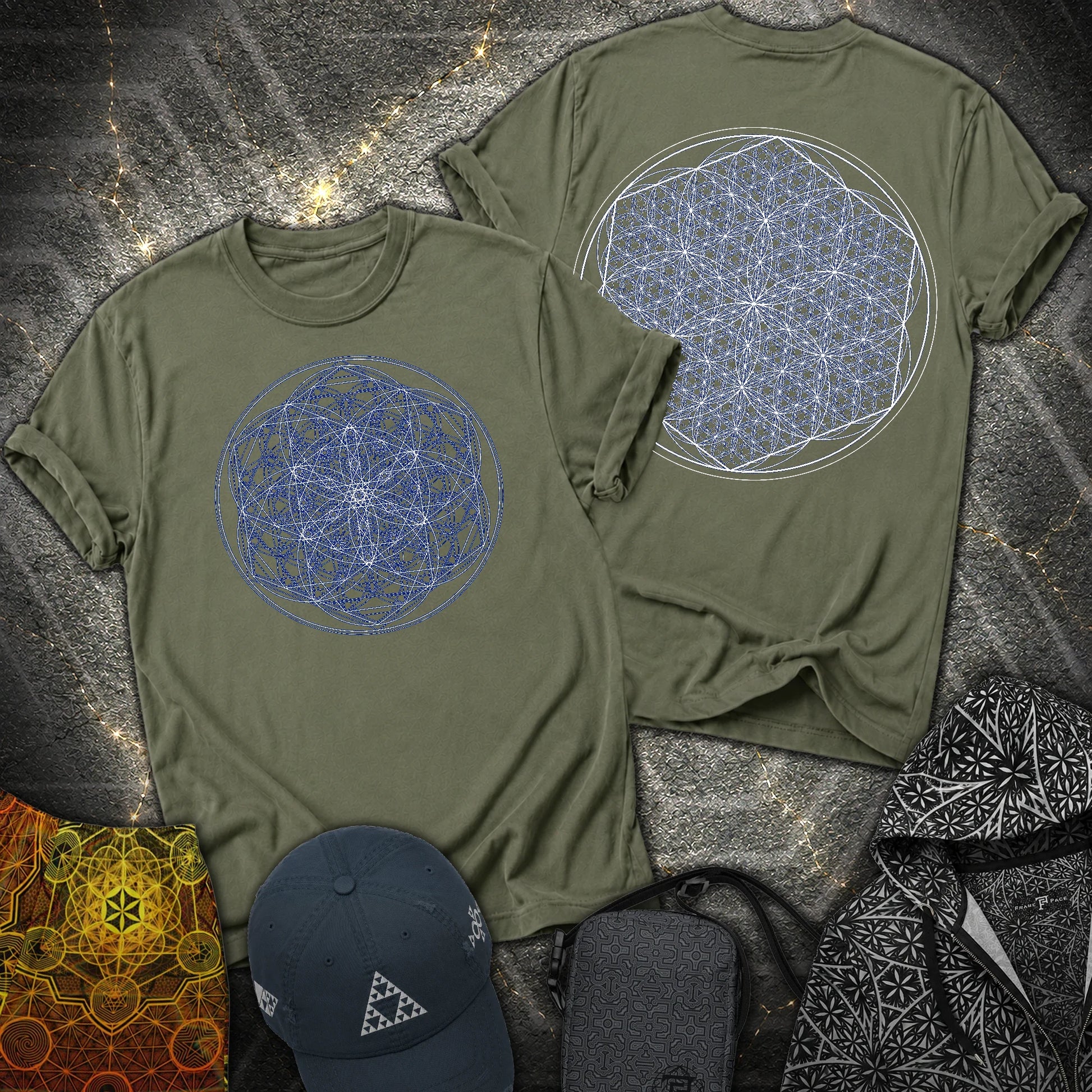 Sacred Flower Grids 2 Sided T-Shirt - Sacred Flower Grids 2 Sided T-Shirt - Military Green