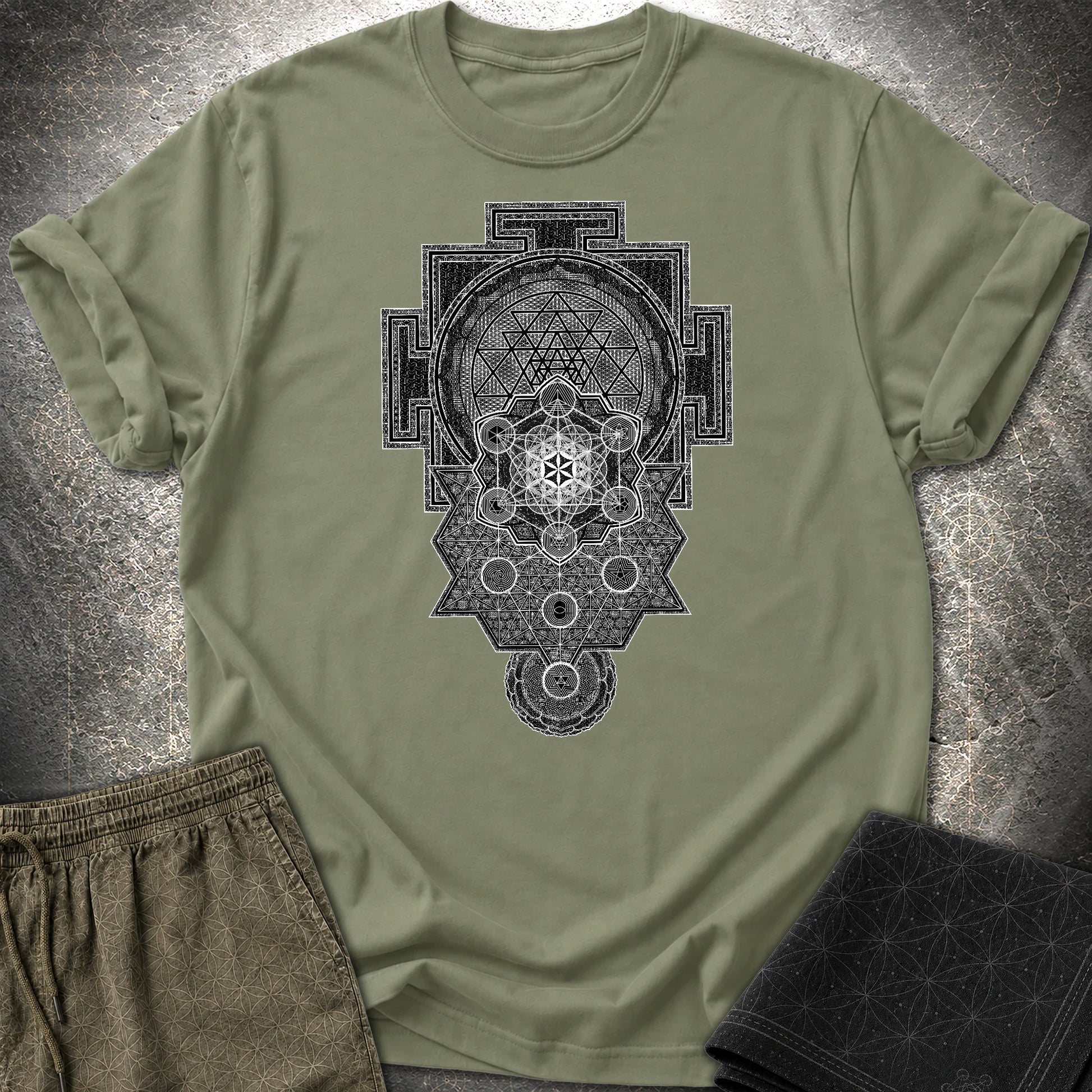 Sri Yantra Intricate Sacred Patterns T-Shirt - Sri Yantra Intricate Sacred Patterns T-Shirt - Military Green