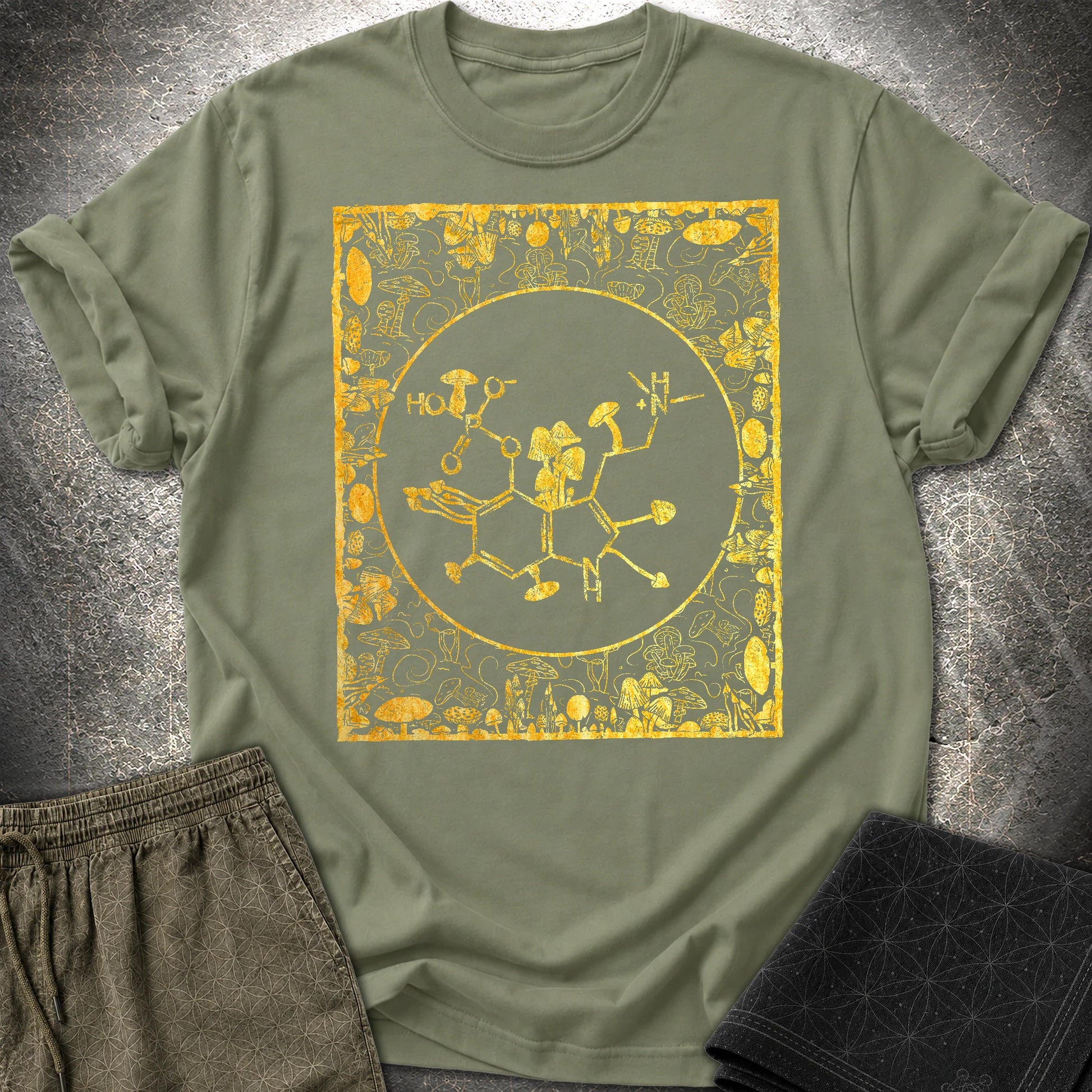 Psilocybin Molecule Mushroom Frame T-Shirt - Psilocybin Molecule Mushroom Frame  T-Shirt - Military Green