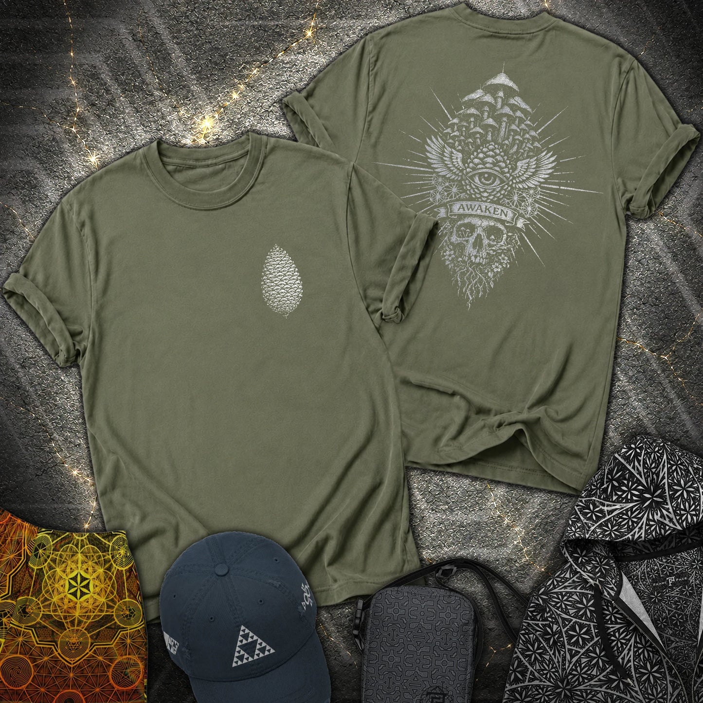 Mushroom Awakening 2 Sided T-Shirt - Mushroom Awakening 2 Sided T-Shirt - Military Green