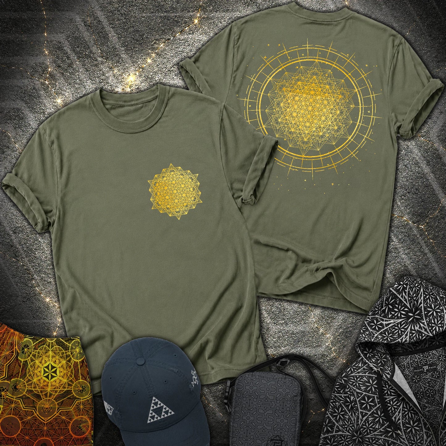 Radiating Metatron Tetrahedron 2 Sided T-Shirt - Radiating Metatron Tetrahedron 2 Sided T-Shirt - Military Green