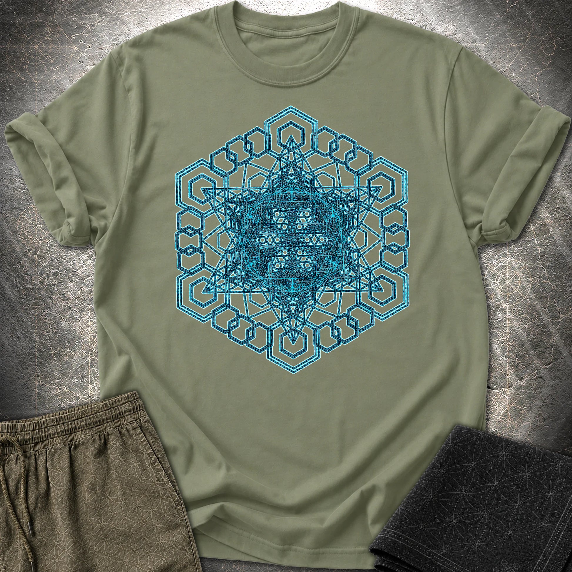 Sacred Geometry T-Shirt, Blue Geometric Mandala Shirt, Visionary Pattern Graphic Tee - Sacred Geometry T-Shirt, Blue Geometric Mandala Shirt, Visionary Pattern Graphic Tee - Military Green