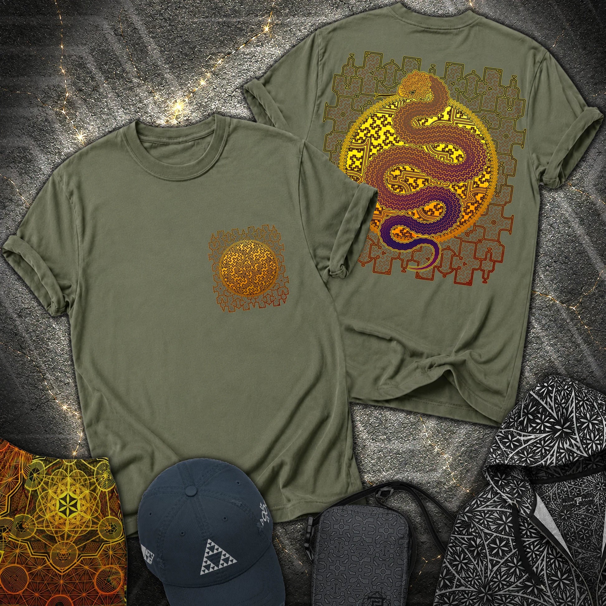 Shipibo Kene Cosmic Snake Comfort 2 Sided T-shirt - Shipibo Kene Cosmic Snake 2 Sided T-Shirt - Military Green