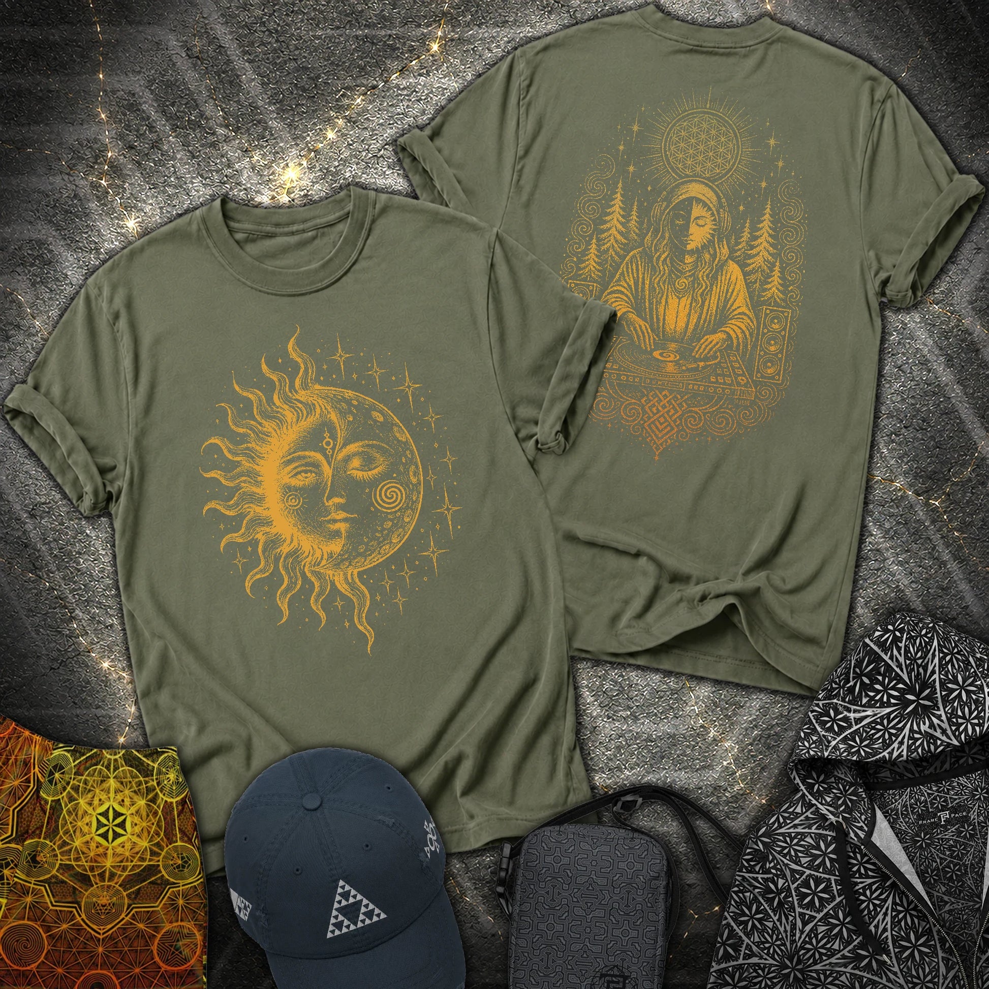 Celestial Sun Moon Mystic DJ Shirt 2 Sided T-Shirt - Celestial Sun Moon Mystic DJ Shirt 2 Sided T-Shirt - Military Green