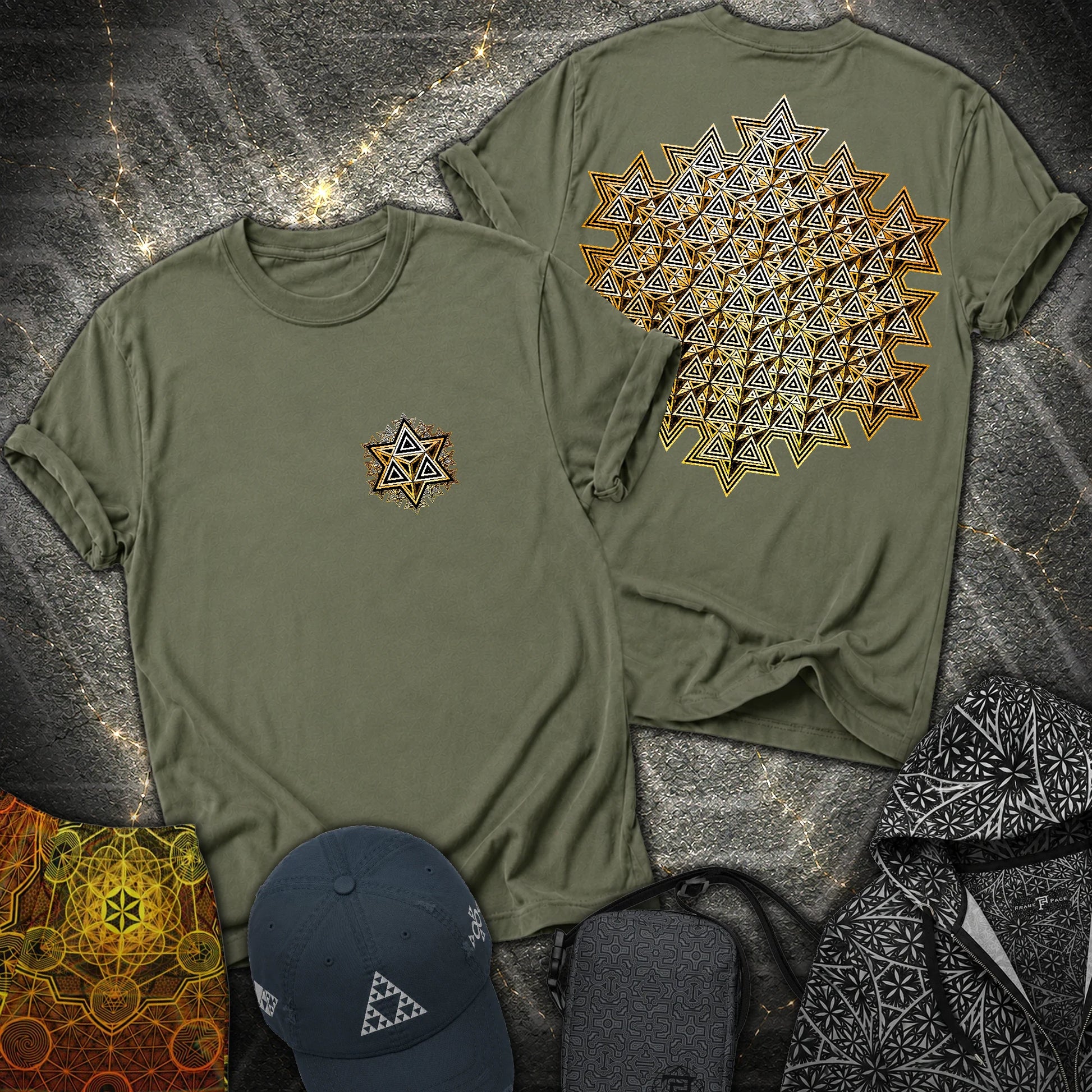 Sacred Gold Merkaba 2 Sided T-Shirt - Sacred Gold Merkaba 2 Sided T-Shirt - Military Green