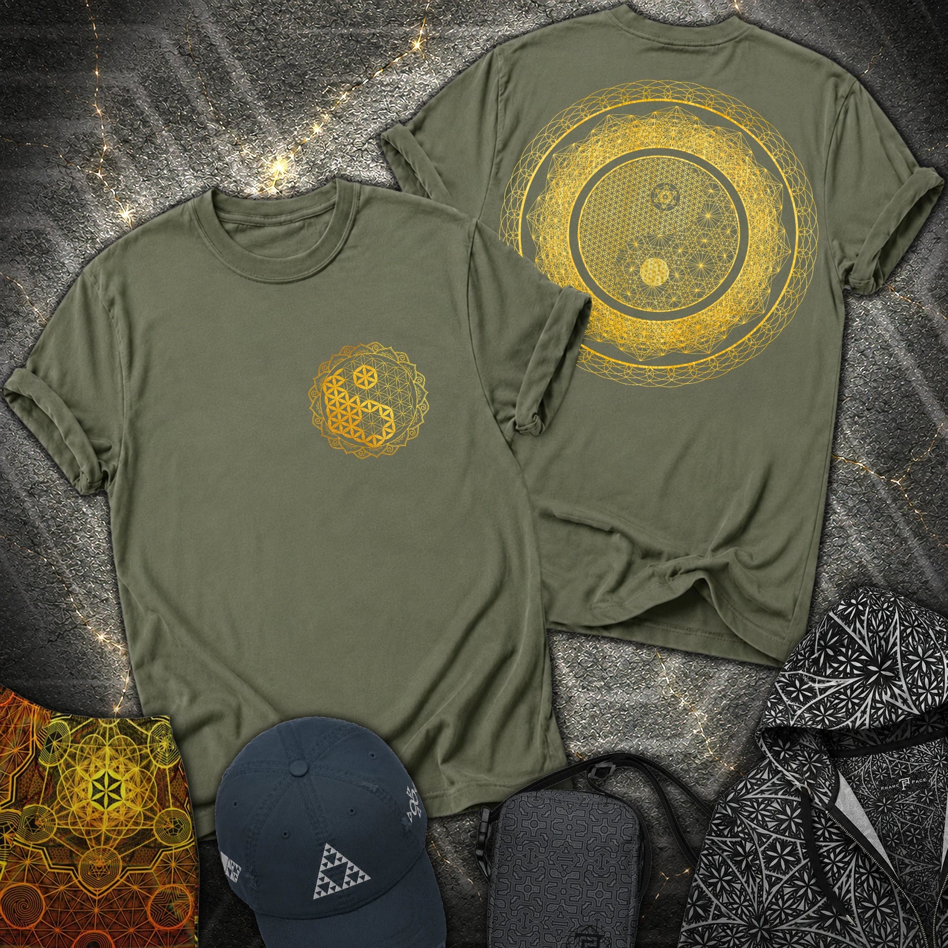 Yin Yang Sacred Geometry 2 Sided T-Shirt - Yin Yang Sacred Geometry 2 Sided T-Shirt - Military Green