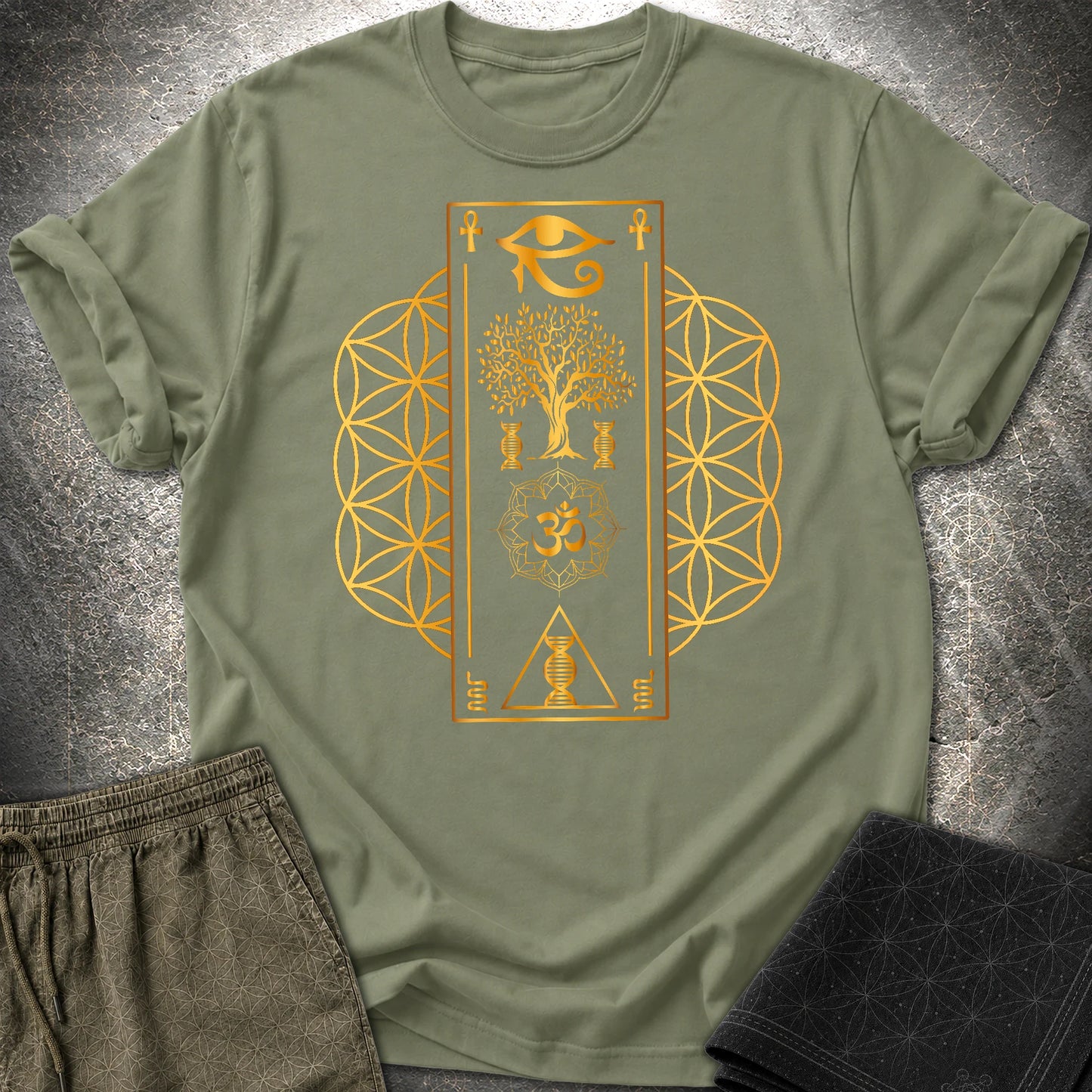 Flower Of Life Horus Egypt T-Shirt - Flower Of Life Horus Egypt T-Shirt - Military Green
