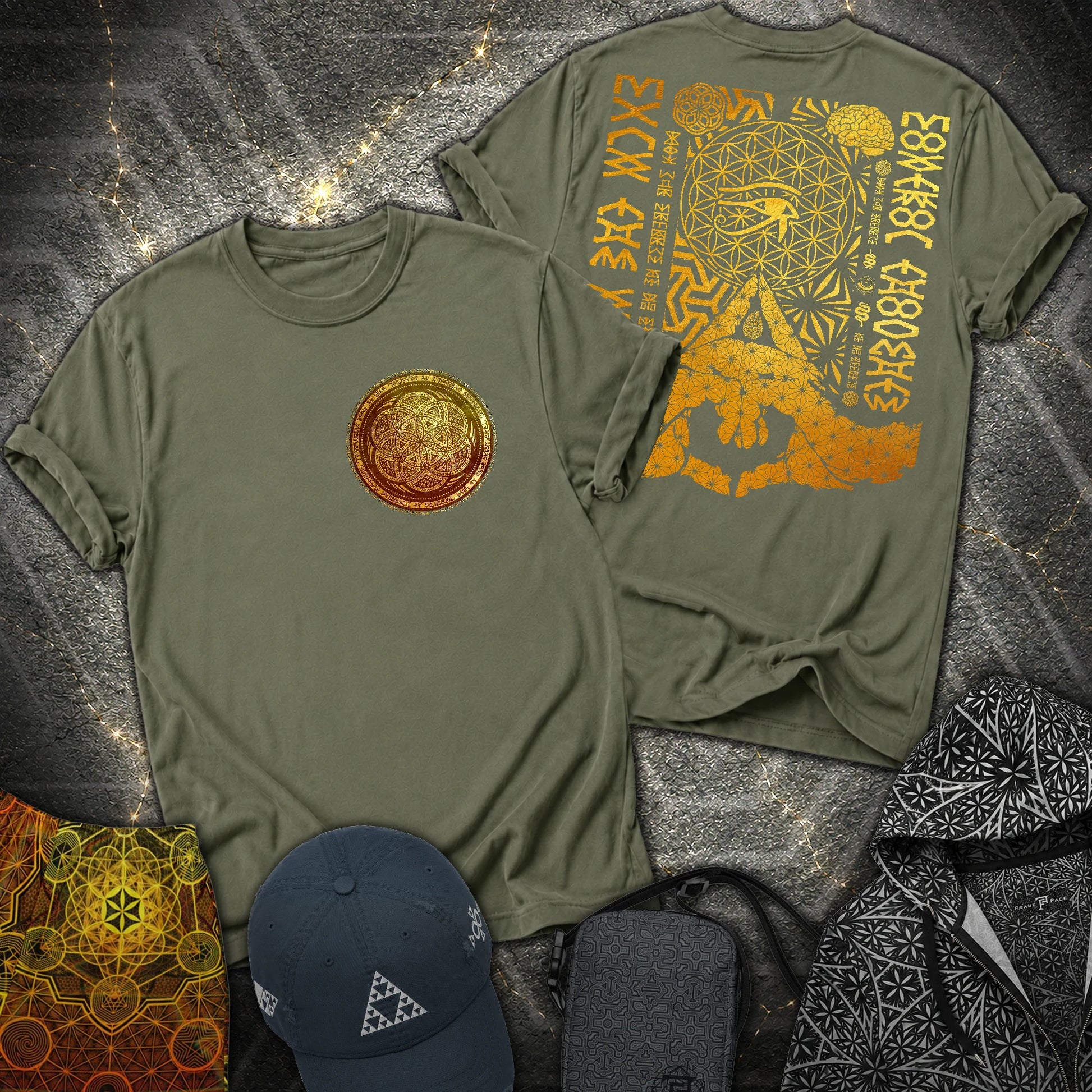 Kalesvara Mudra Seed Of Life 2 Sided T-Shirt - Kalesvara Mudra Seed Of Life 2 Sided T-Shirt - Military Green