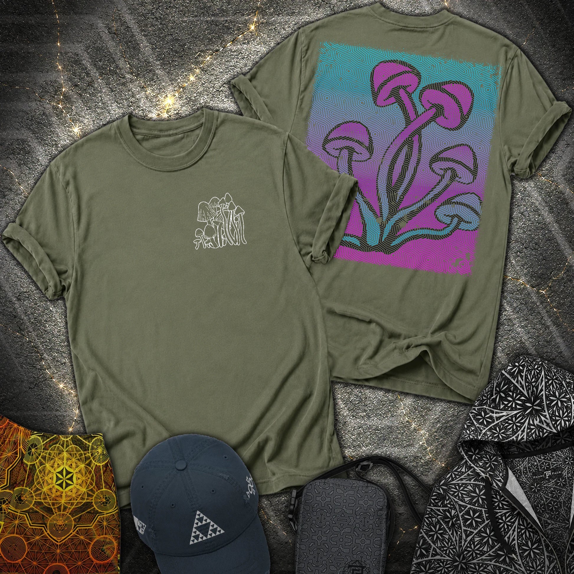 Mushroom Pattern 2 Sided T-Shirt - Mushroom Pattern 2 Sided T-Shirt - Military Green