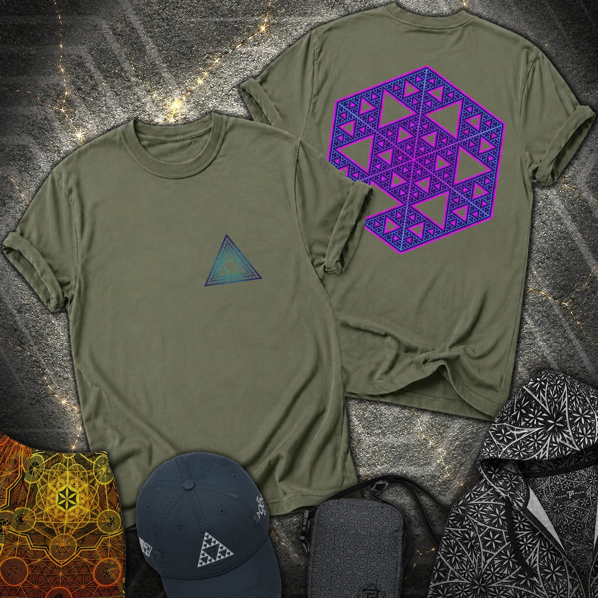 Sierpinski Star and Triangle 2 Sided T-Shirt - Sierpinski Star and Triangle 2 Sided T-Shirt - Military Green