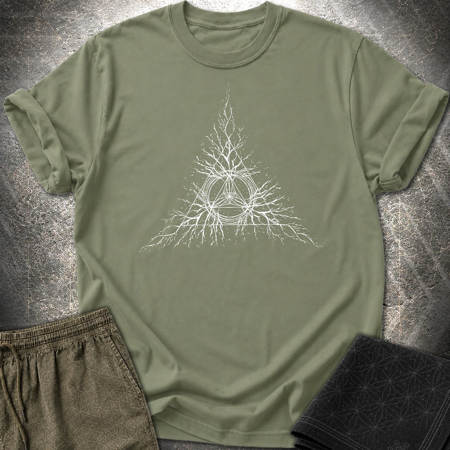 Sacred Geometry Roots T-Shirt, Spiritual Growth Shirt, Triangle Symbol Graphic Tee - Sacred Geometry Roots T-Shirt, Spiritual Growth Shirt, Triangle Symbol Graphic Tee - Military Green