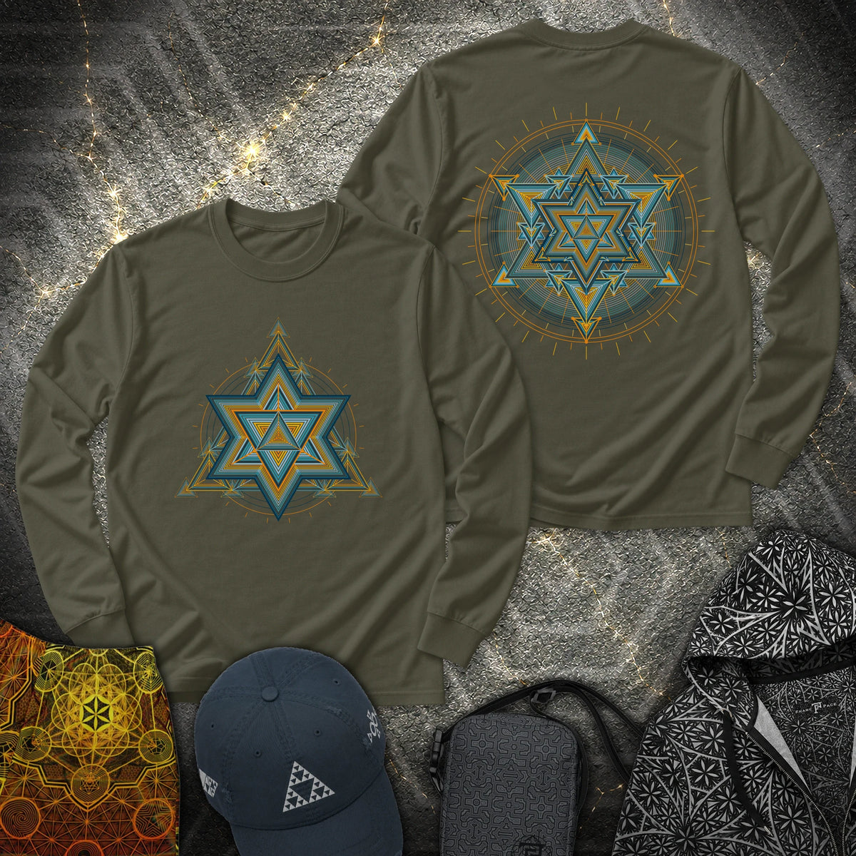 Merkaba Light Matrix 2 Sided - Merkaba Light Matrix 2 Sided Long Sleeve Shirt - Military Green