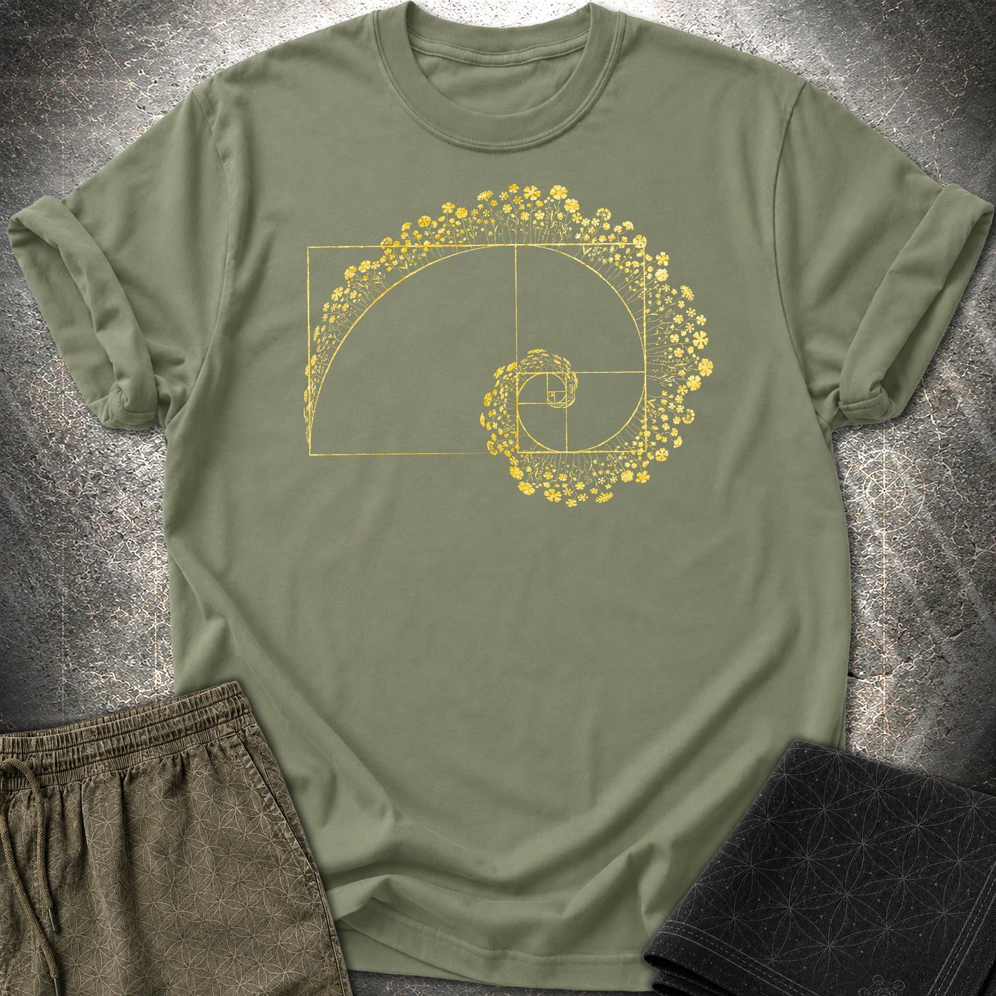 Golden Ratio Flower Spiral T-Shirt, Fibonacci Sacred Geometry Shirt, Botanical Math Graphic Tee - Golden Ratio Flower Spiral T-Shirt, Fibonacci Sacred Geometry Shirt, Botanical Math Graphic Tee - Military Green