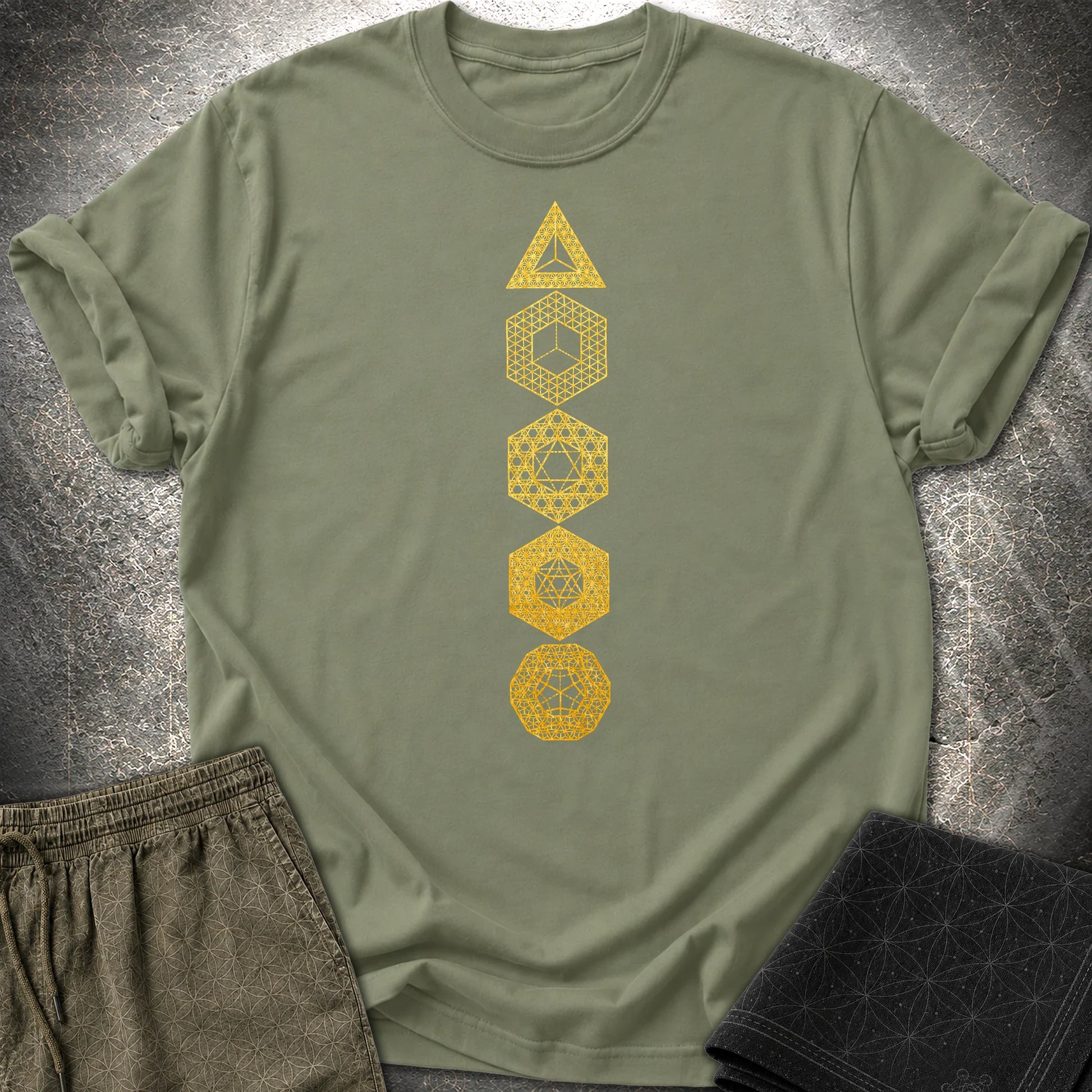 Platonic Solids Sacred Patterns T-Shirt - Platonic Solids Sacred Patterns T-Shirt - Military Green