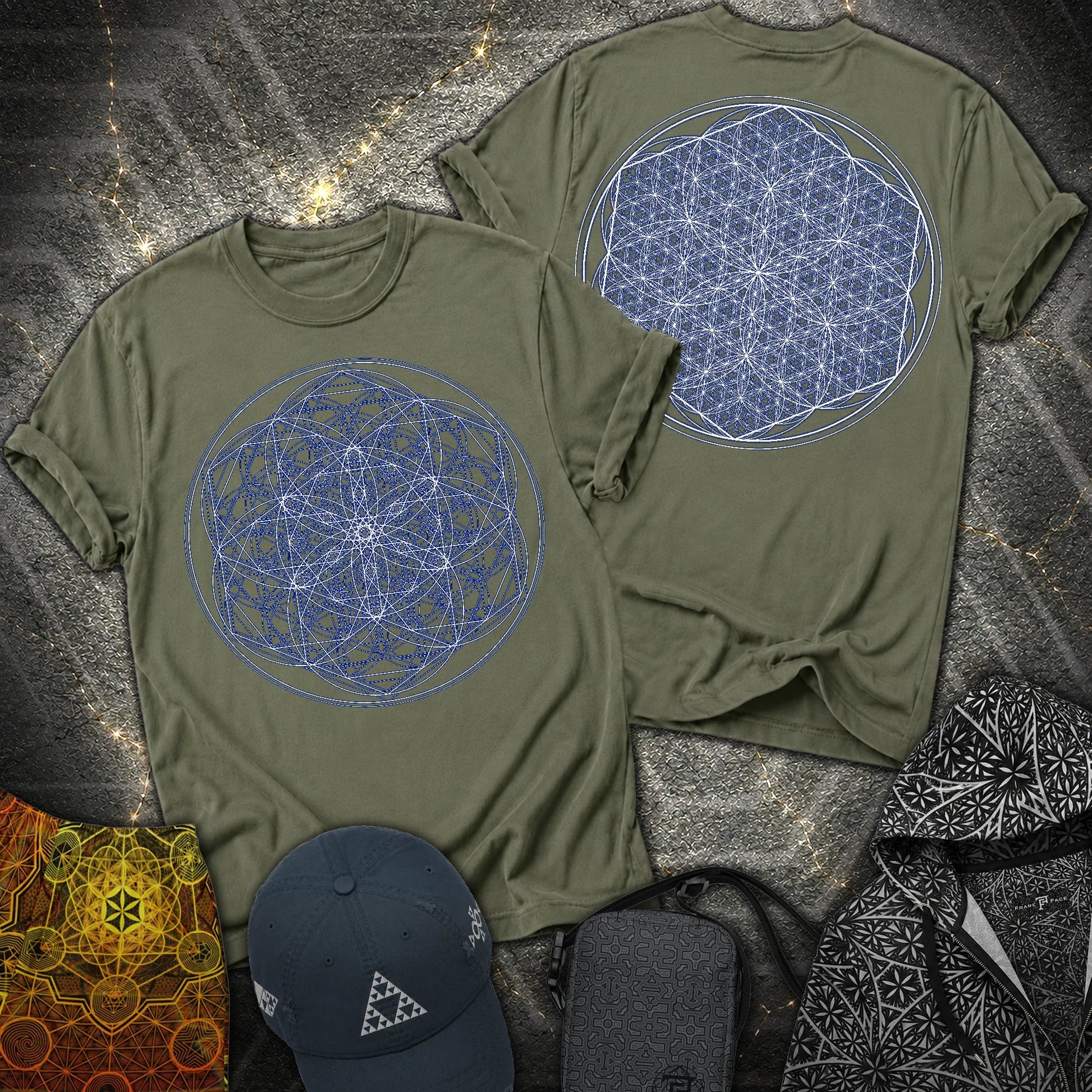 Sacred Flower Grids - Sacred Flower Grids 2 Sided T-Shirt - Military Green